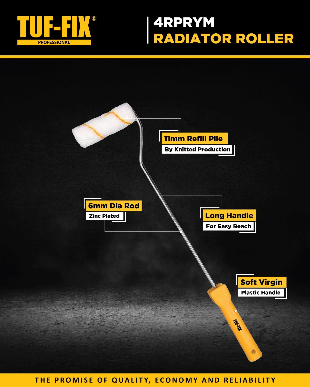 TUF-FIX 4PRYMM Radiator Roller with features highlighted on a dark background