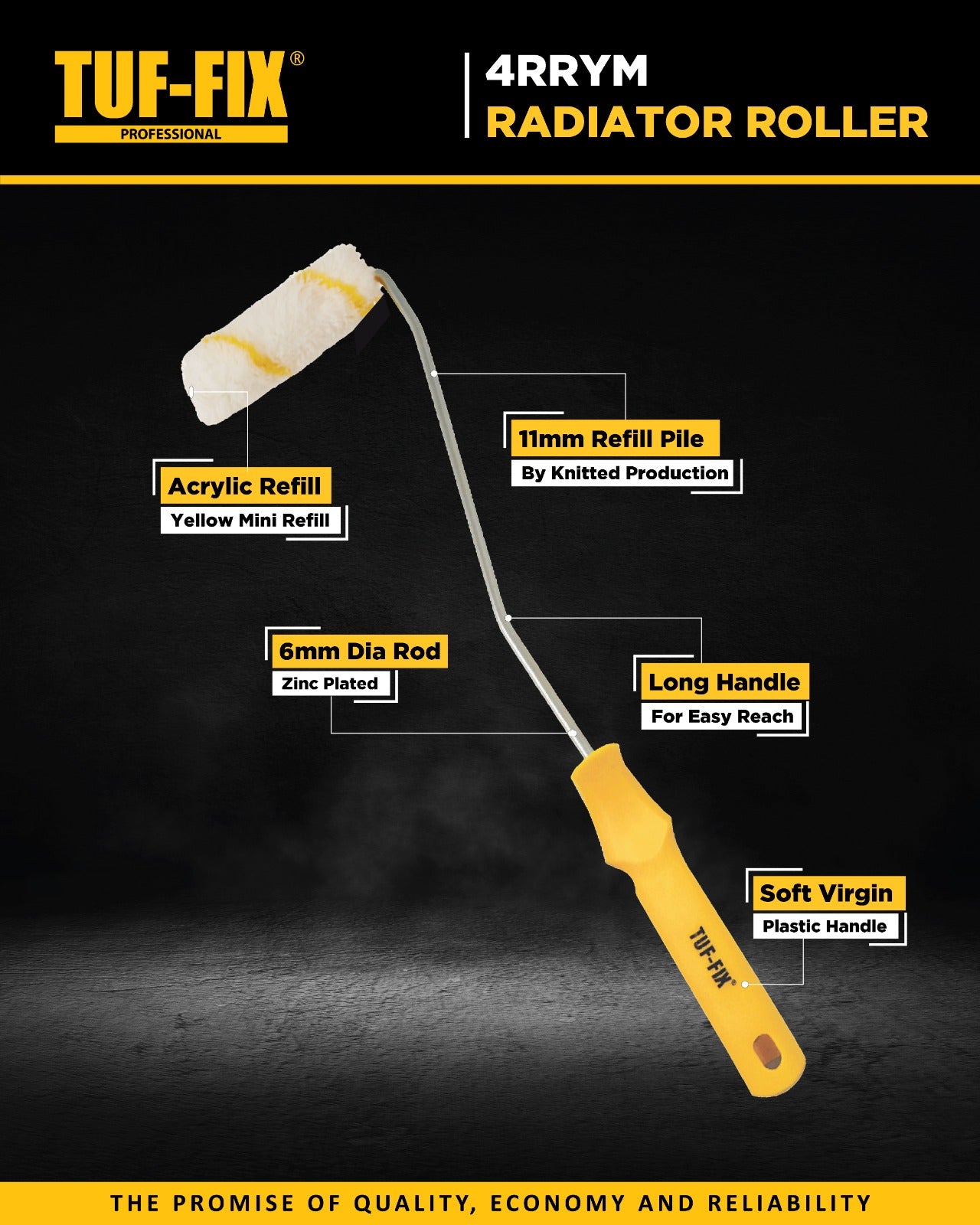 TUF-FIX 4rrym Radiator Roller with features highlighted on a dark background