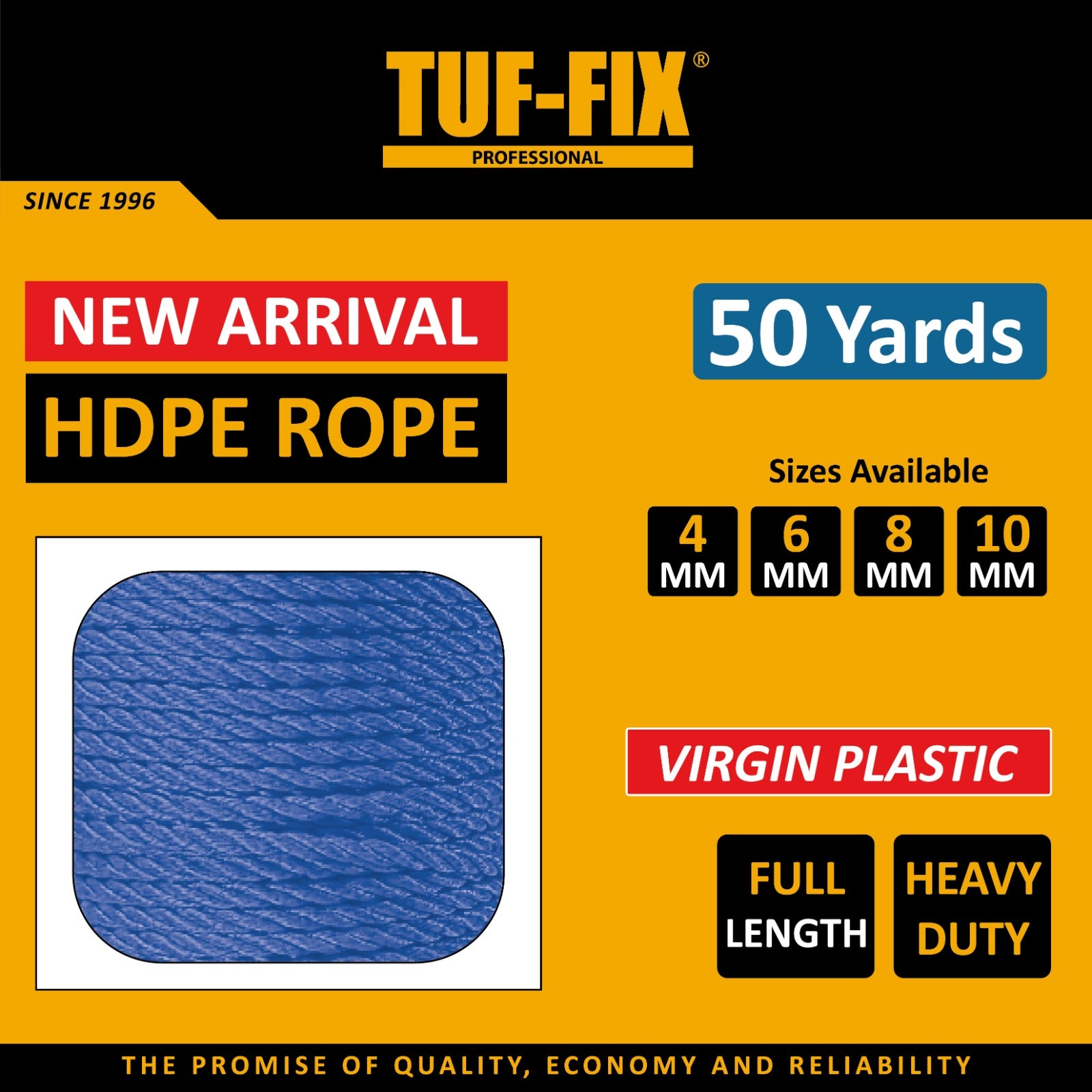 TUF-FIX HDPE rope packaging with product details on a yellow background