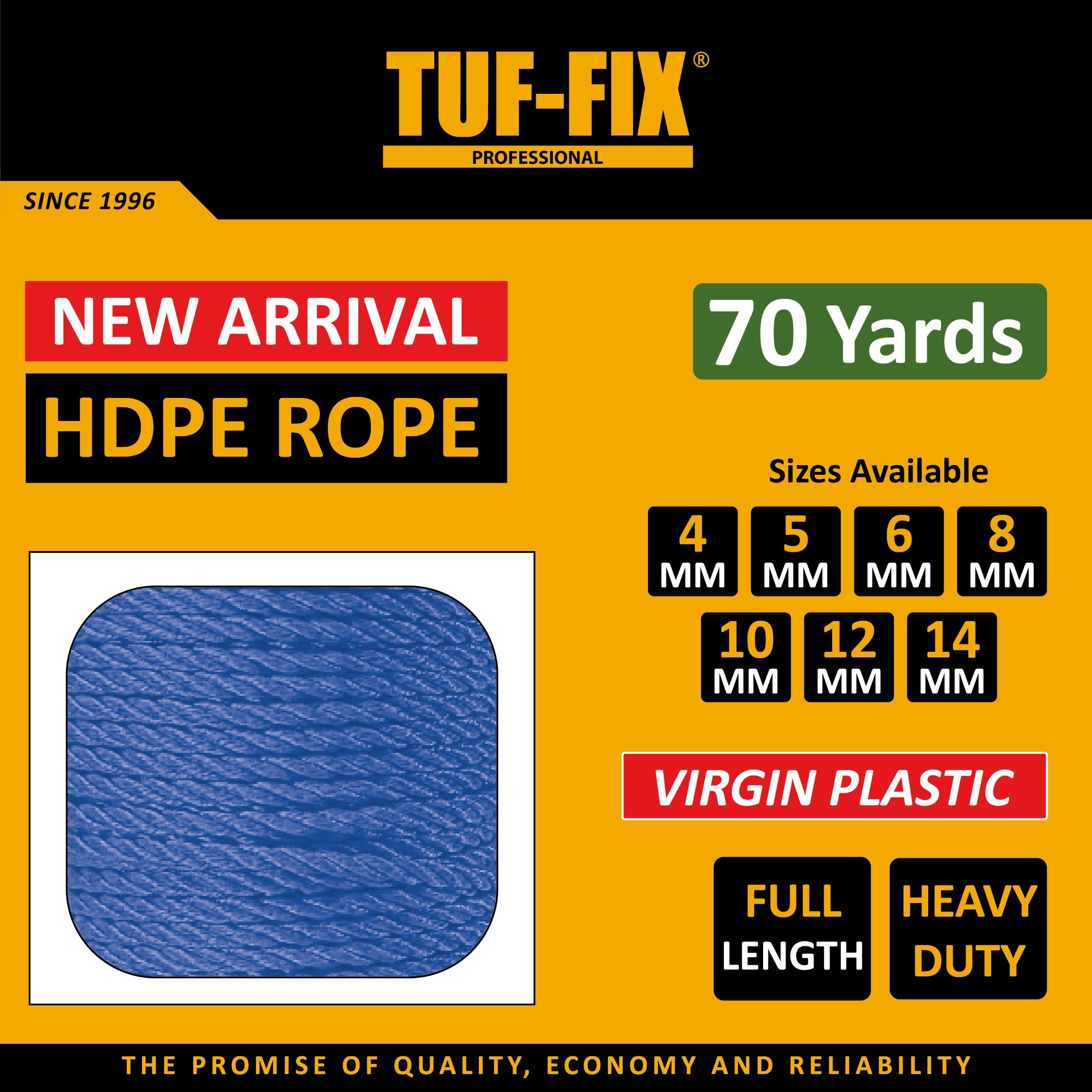 TUF-FIX HDPE rope packaging with product details on a yellow background