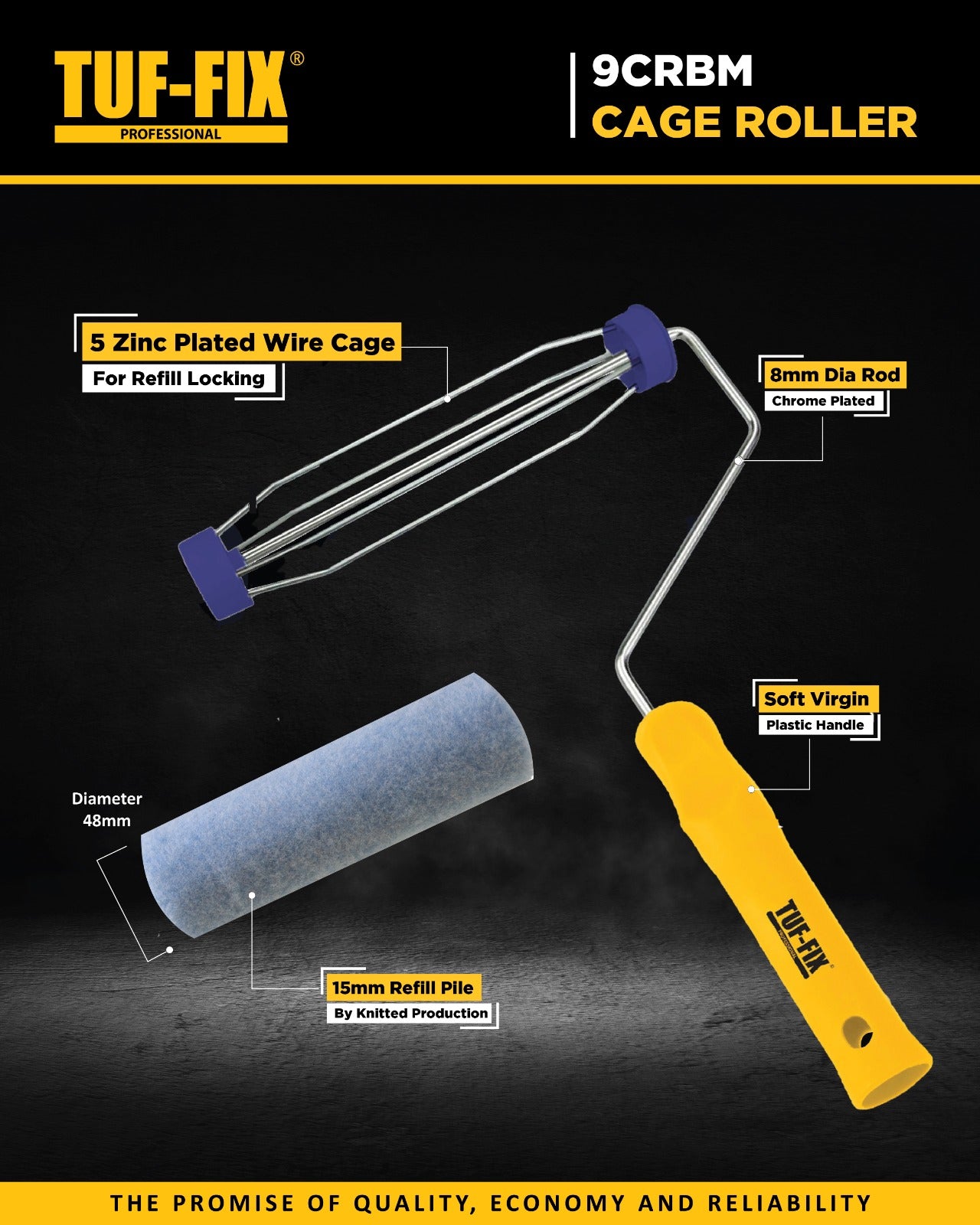TUF-FIX cage roller with features highlighted on a dark background