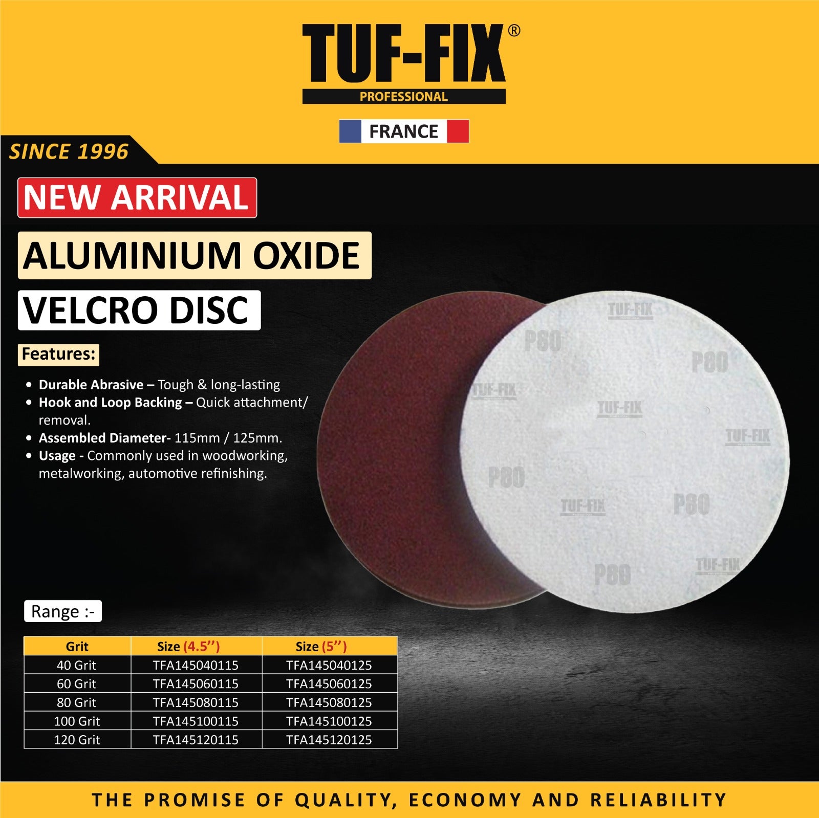 TUF-FIX aluminium oxide velcro disc packaging with two discs on a black background
