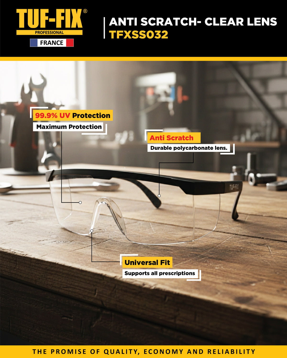 TUF-FIX anti-scratch clear lens safety glasses on a wooden surface with product features highlighted.