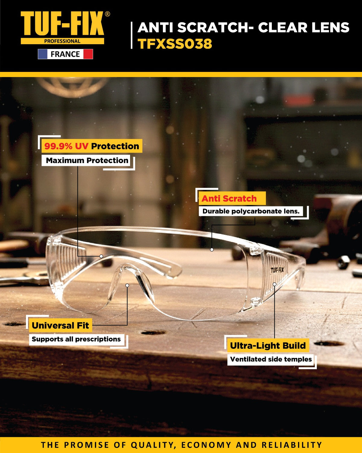 TUF-FIX anti-scratch clear lens safety glasses with features highlighted on a blurred workshop background.