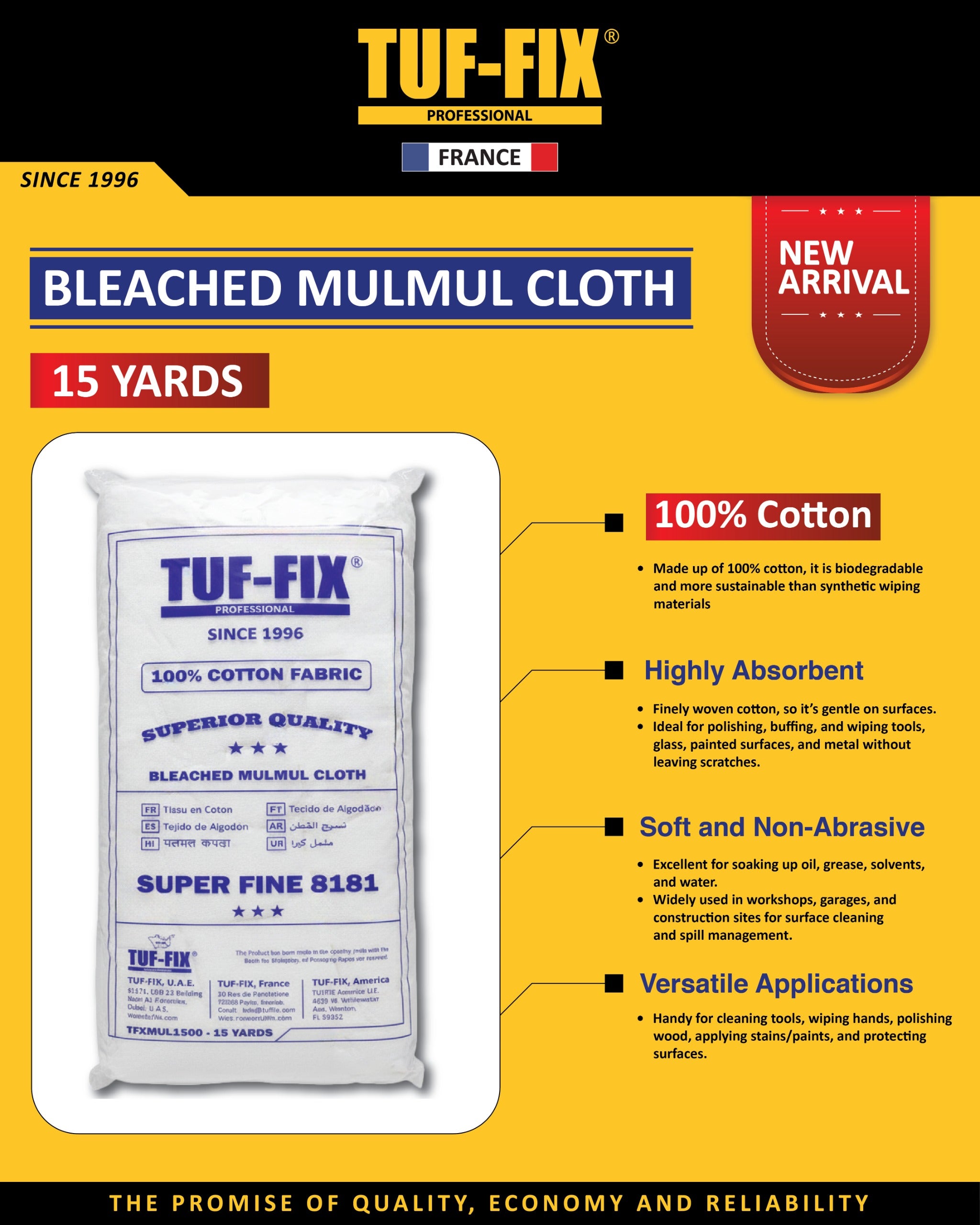 TUF-FIX Bleached Mulmul Cloth packaging with product details on a yellow background