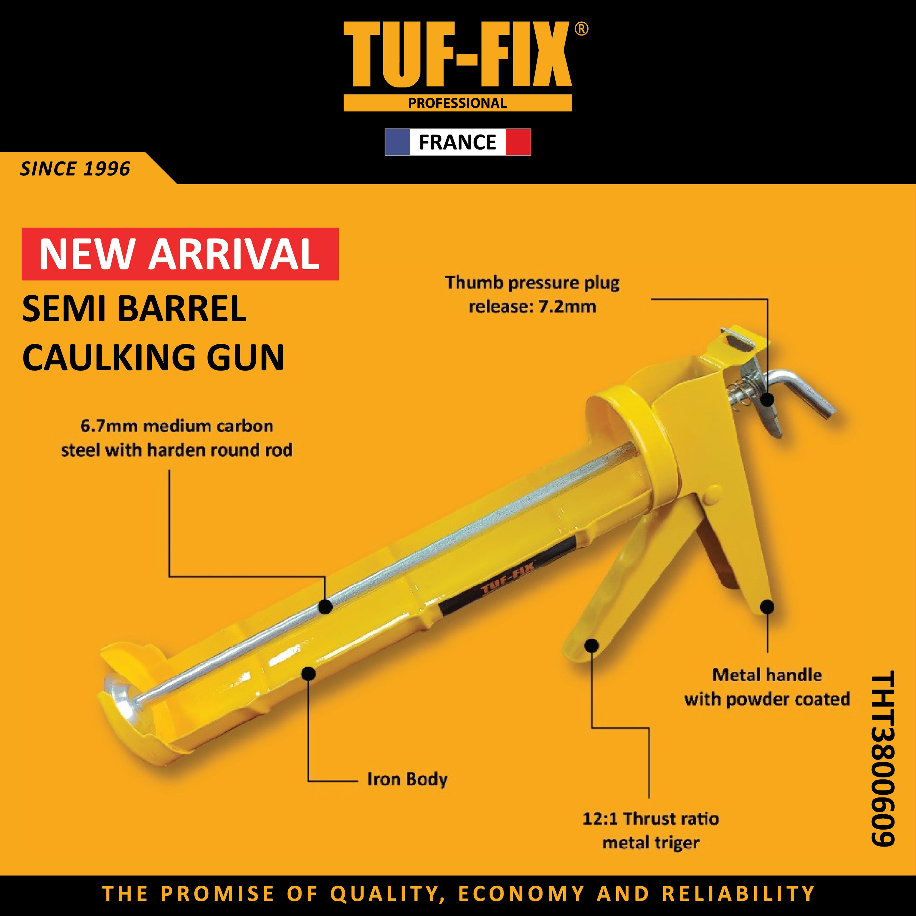 TUF-FIX semi barrel caulking gun on a yellow background with product details.