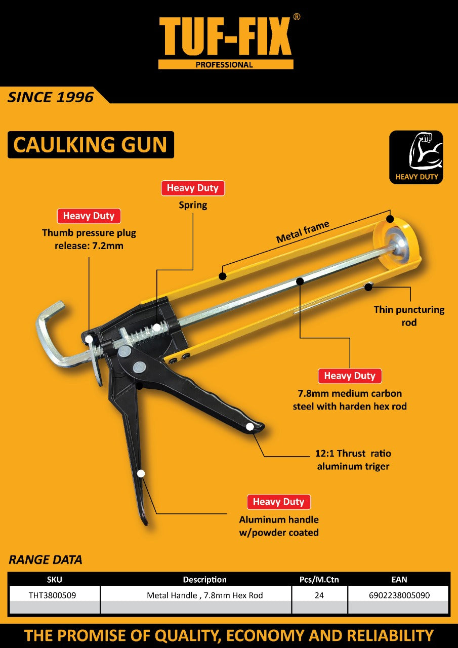 TUF-FIX caulking gun with detailed diagram on a yellow background