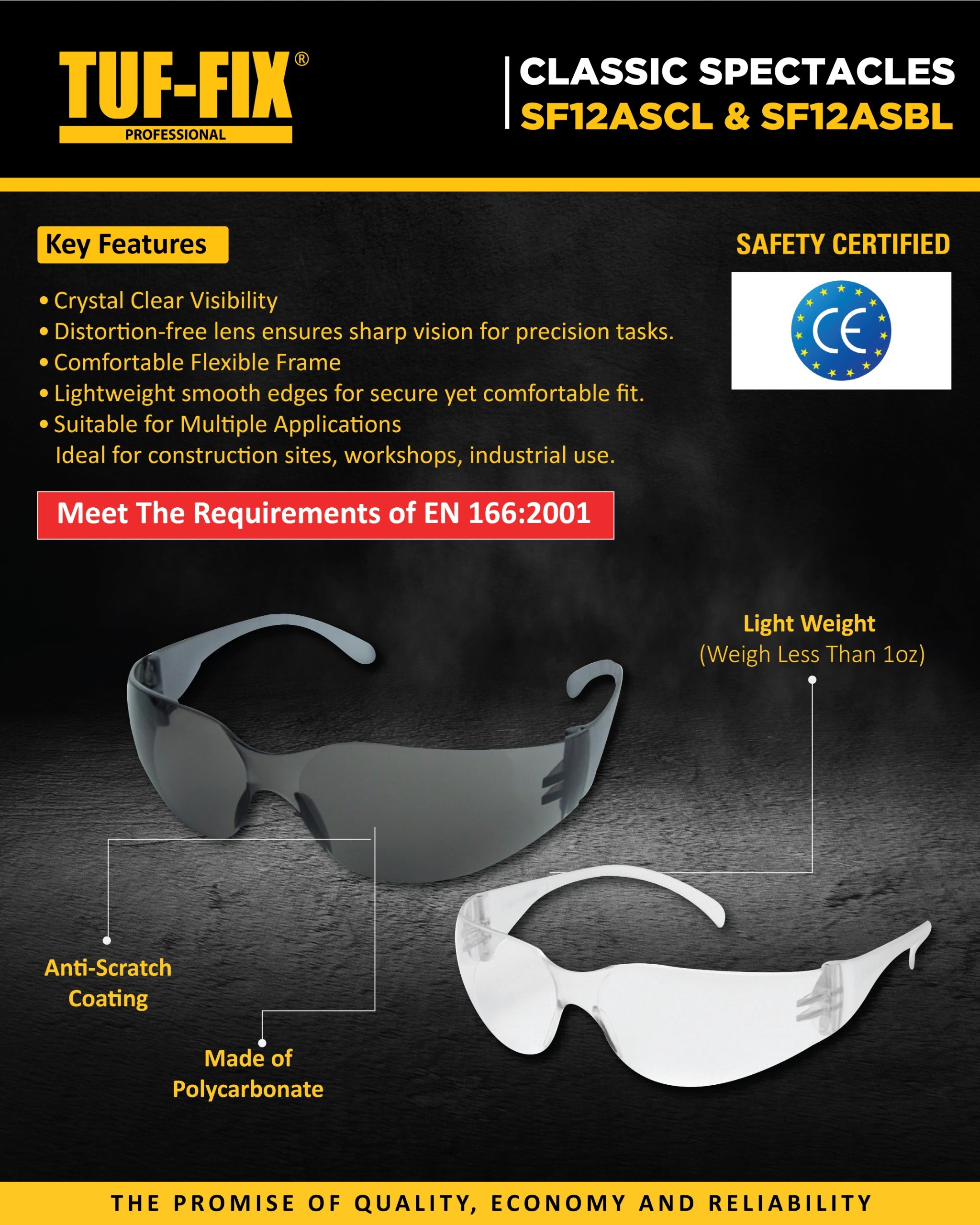 TUF-FIX safety glasses with key features highlighted on a dark background