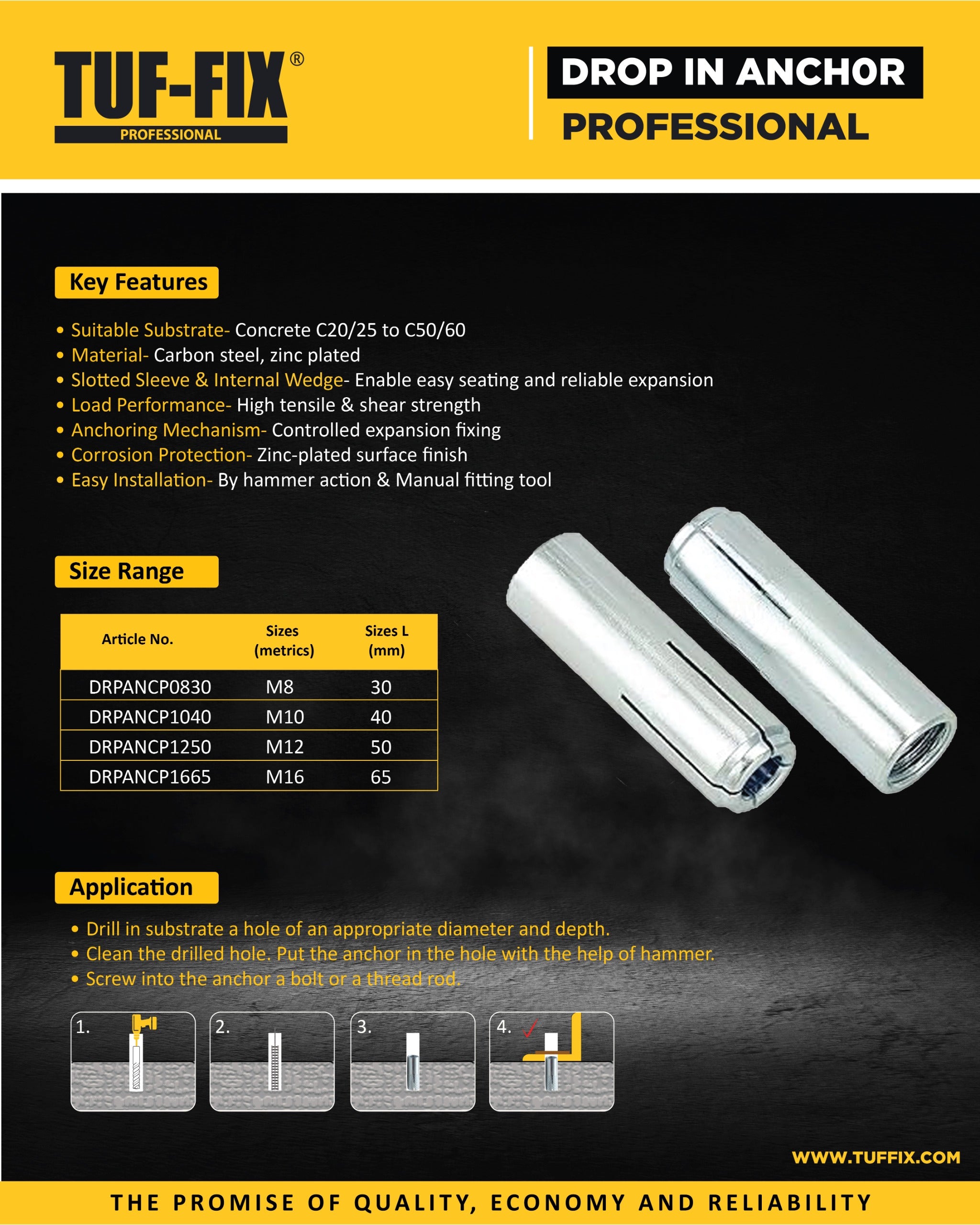 TUF-FIX Drop In Anchor Professional product with key features and application details on a dark background.