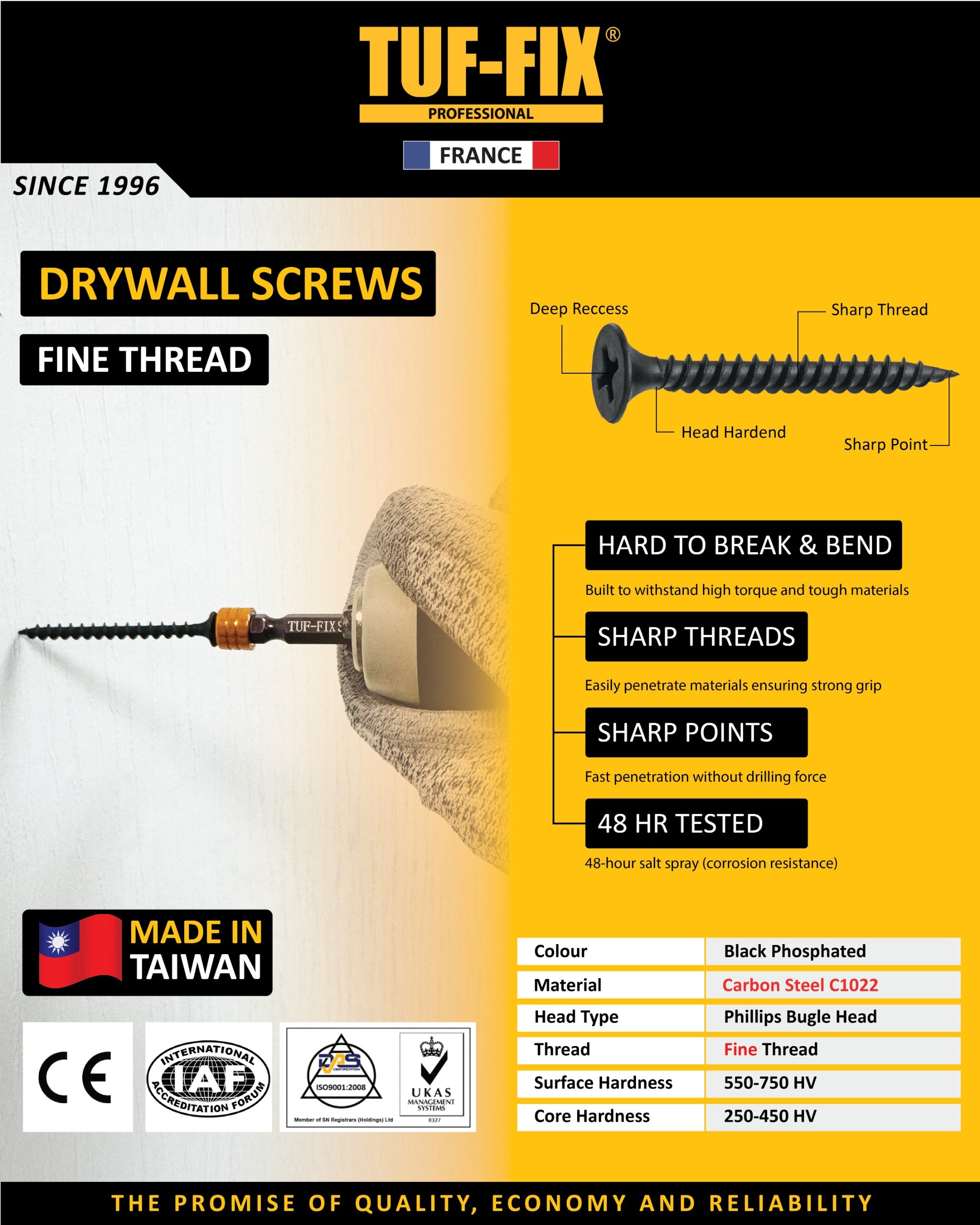 TUF-FIX drywall screws packaging with product details and branding.