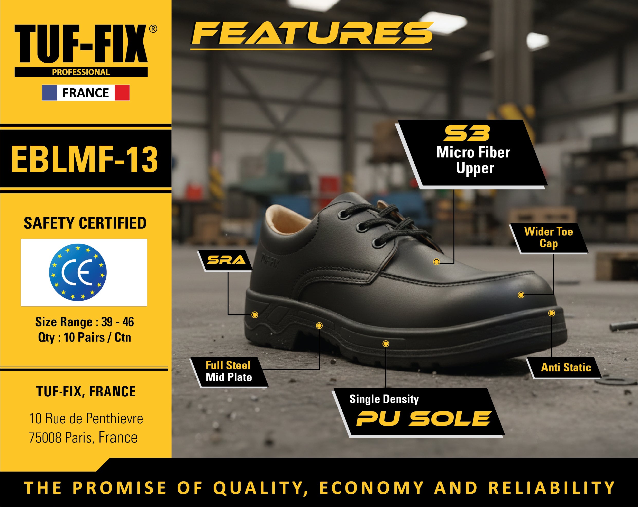 Black safety shoe with features highlighted on a TUF-FIX branded background