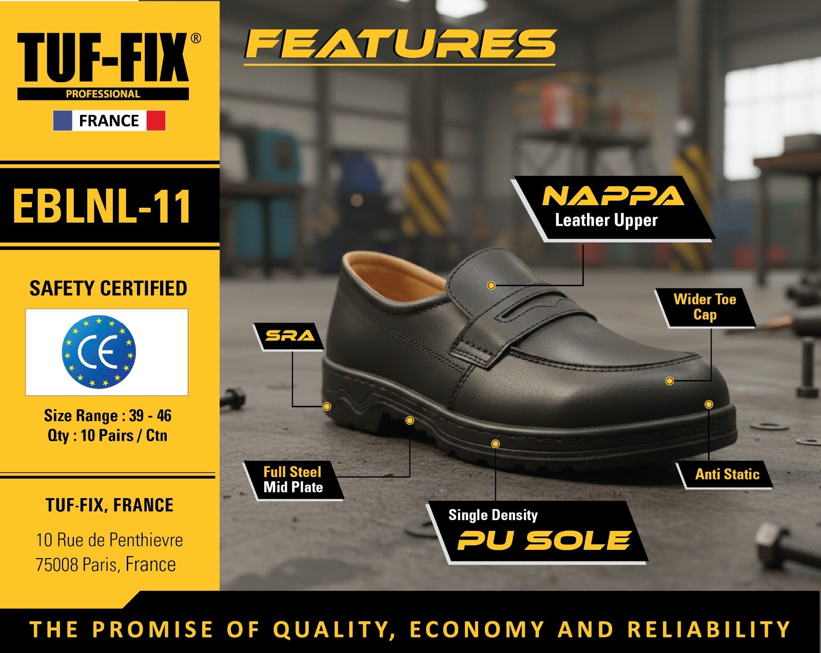 Black safety shoe with features highlighted on a blurred workshop background, featuring TUF-FIX branding.
