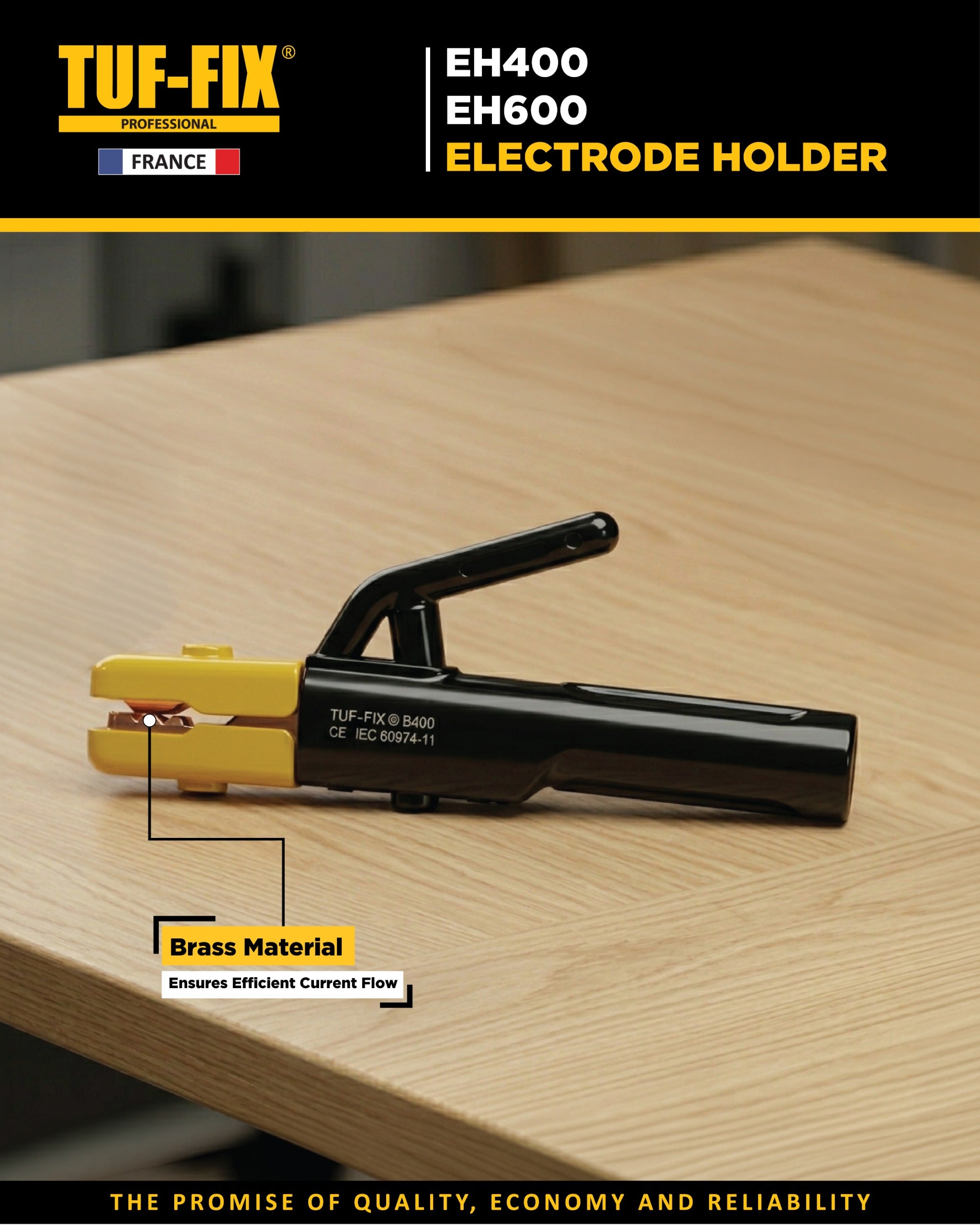 TUF-FIX electrode holder on a wooden surface with branding and product details.