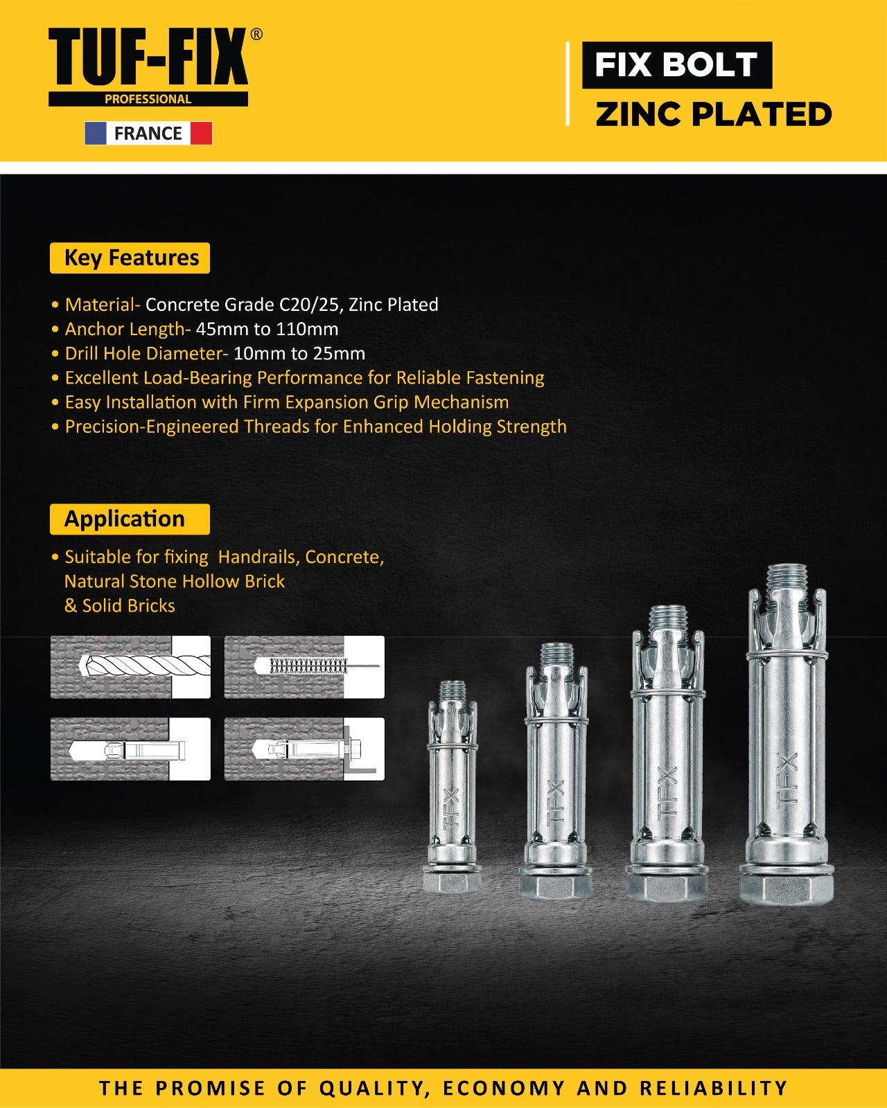 TUF-FIX Fix Bolt product with key features and application details on a black background.