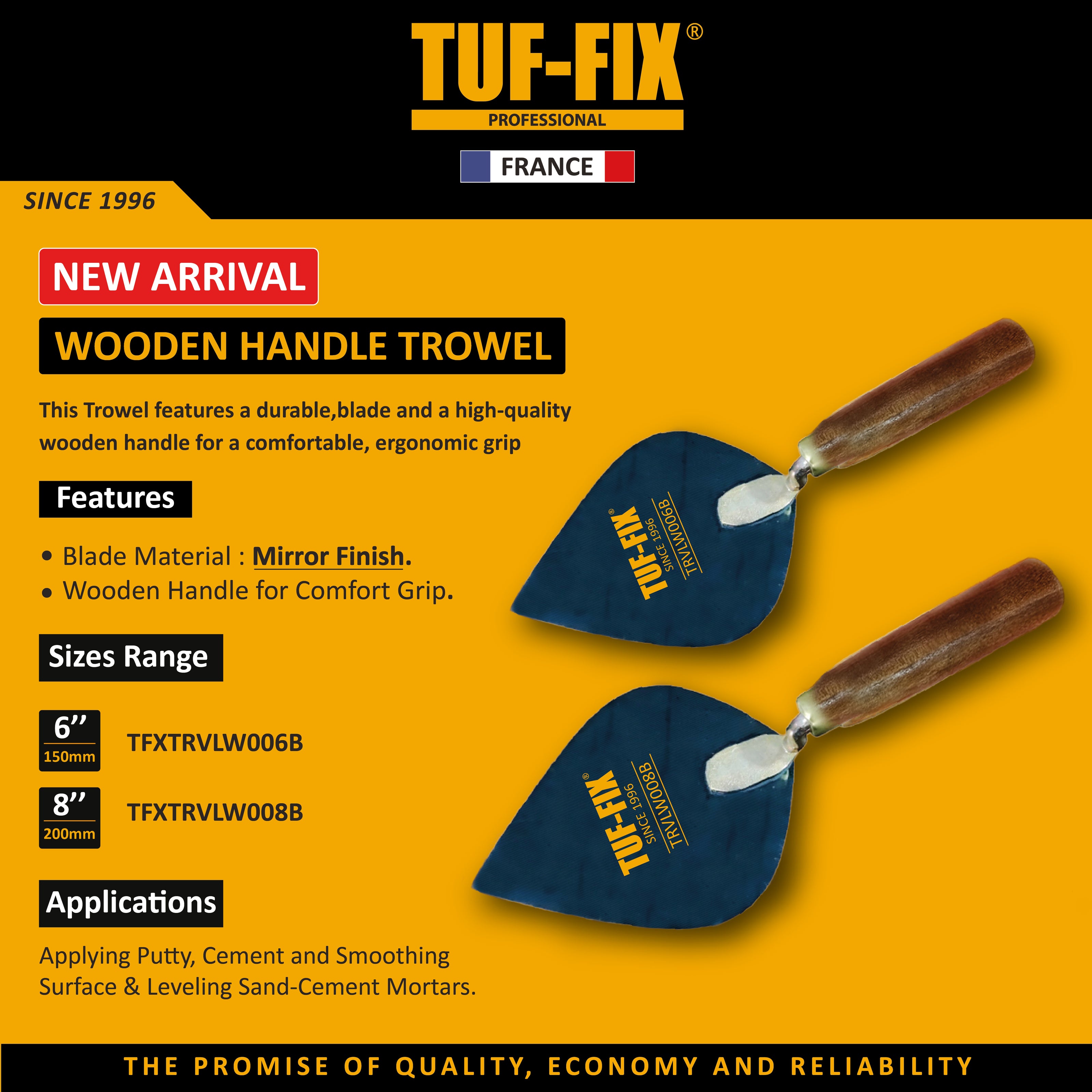 TUF-FIX wooden handle trowel with product details on a yellow background
