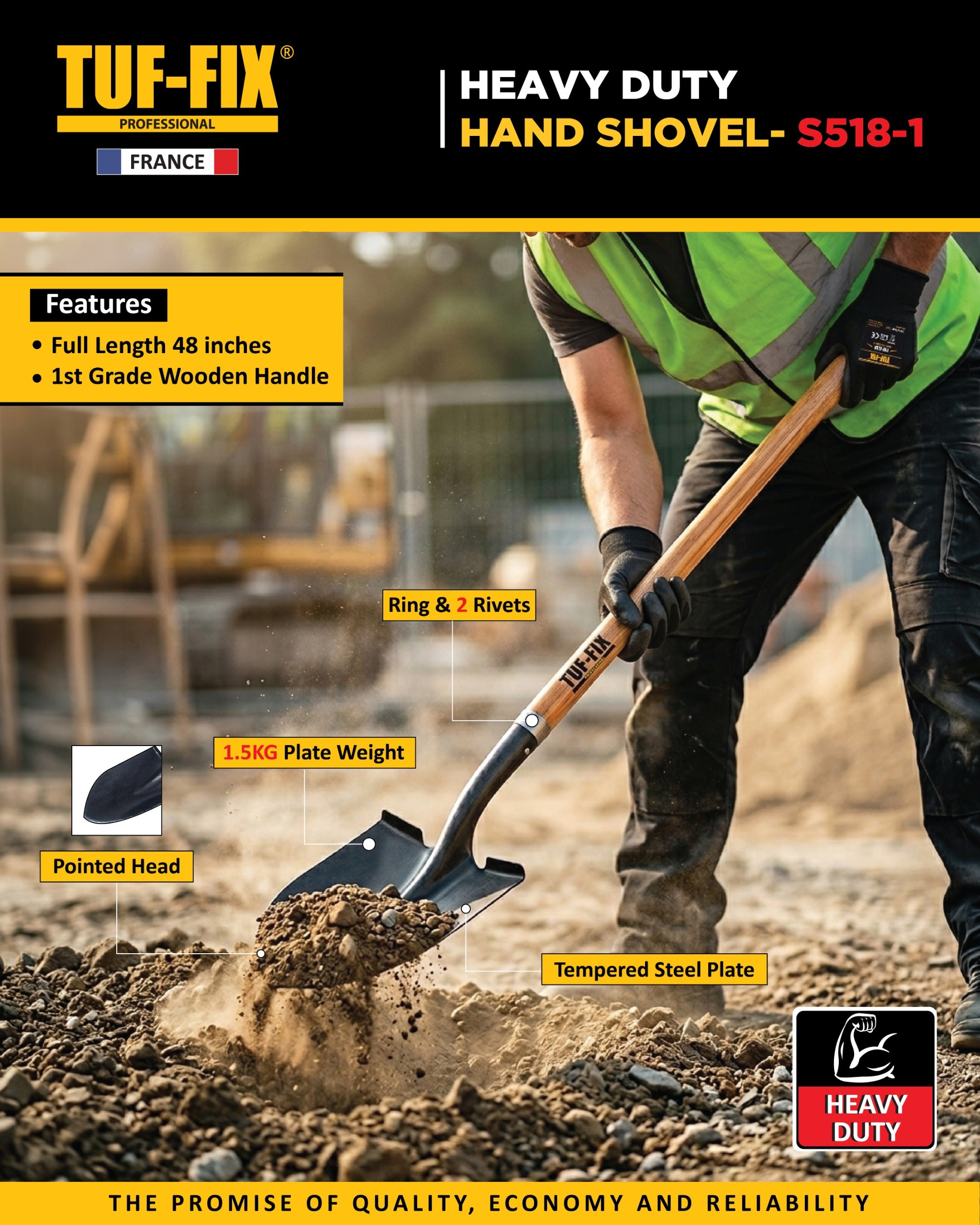 TUF-FIX heavy-duty hand shovel with features highlighted on a construction site background