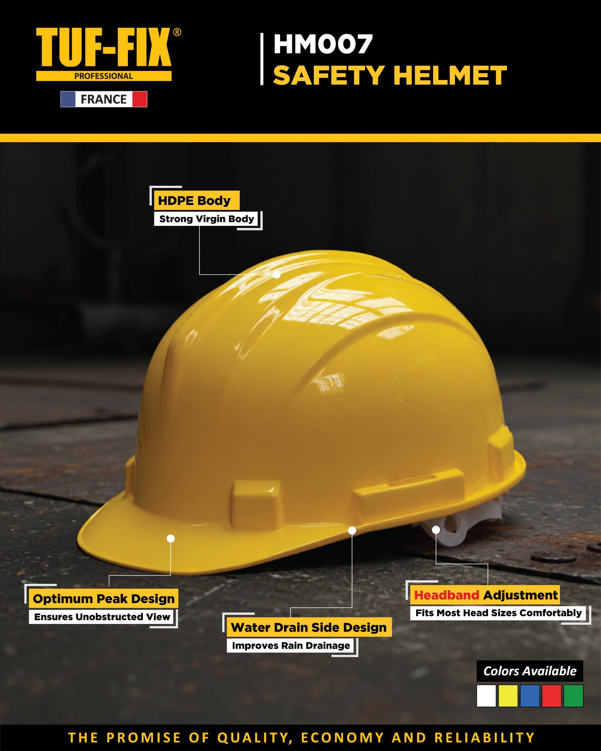 Yellow safety helmet with features highlighted on a dark background, featuring TUF-FIX branding.