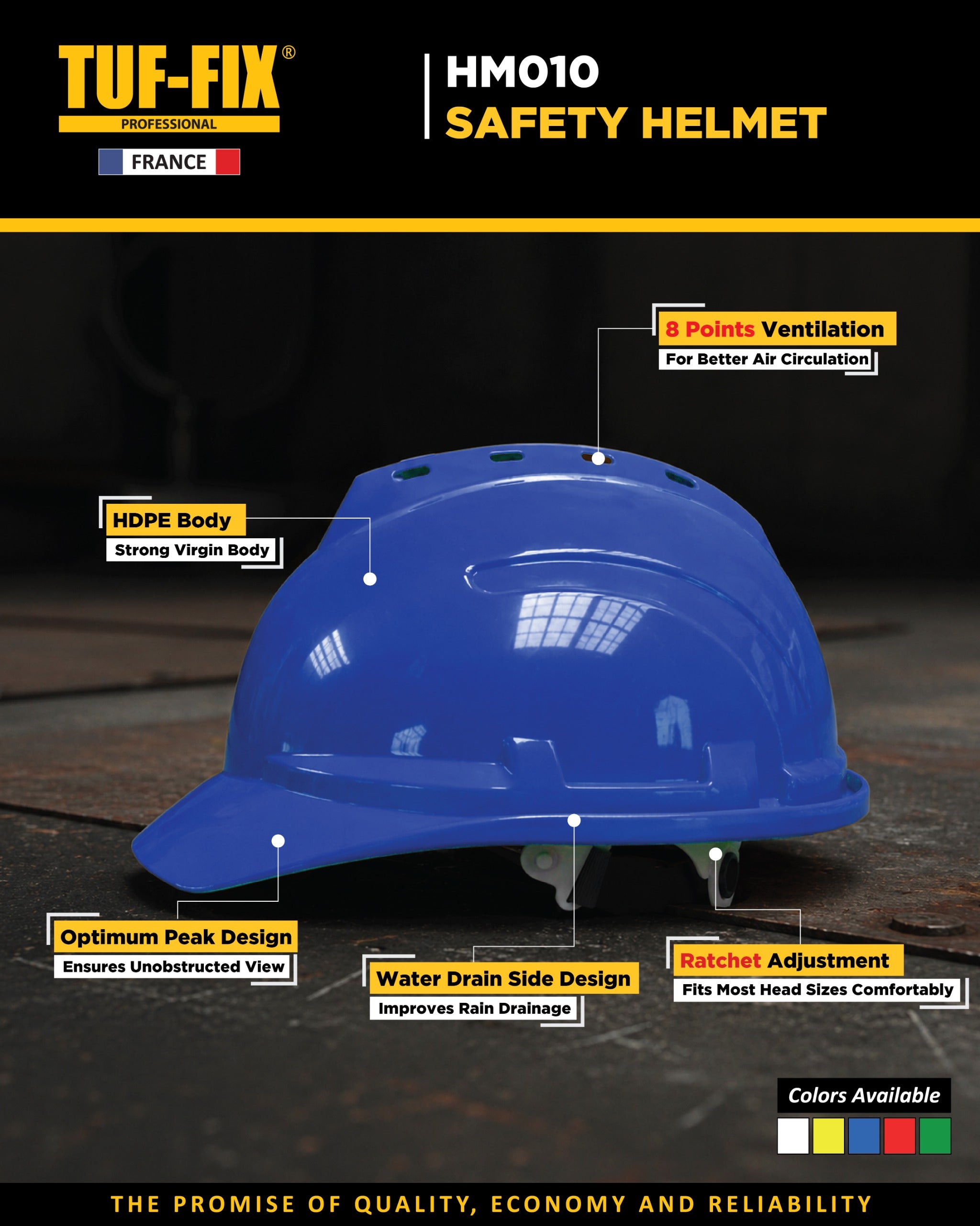 Blue safety helmet with features highlighted on a dark background, branded as TUF-FIX.