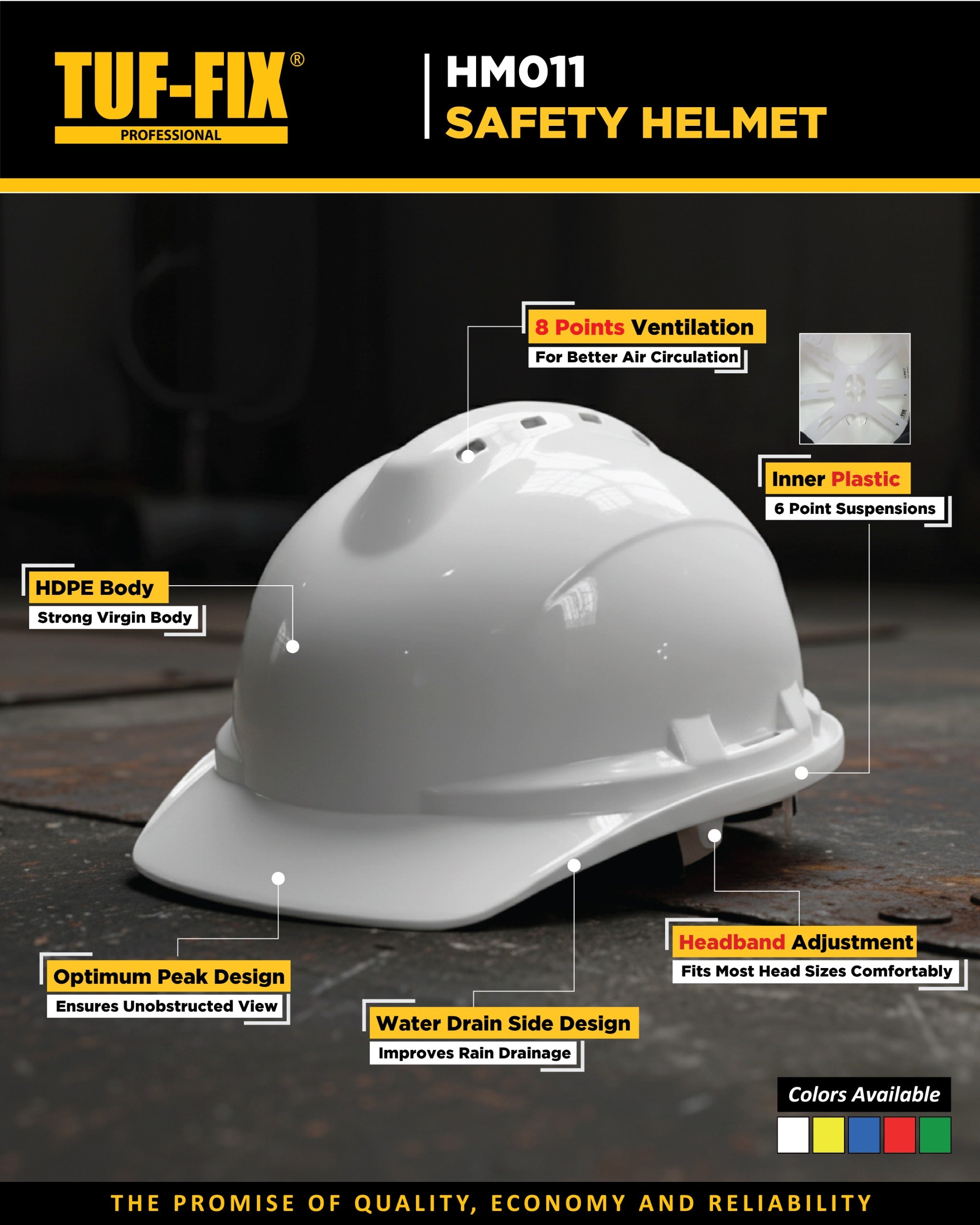 White safety helmet with features highlighted on a dark background, branded as TUF-FIX.