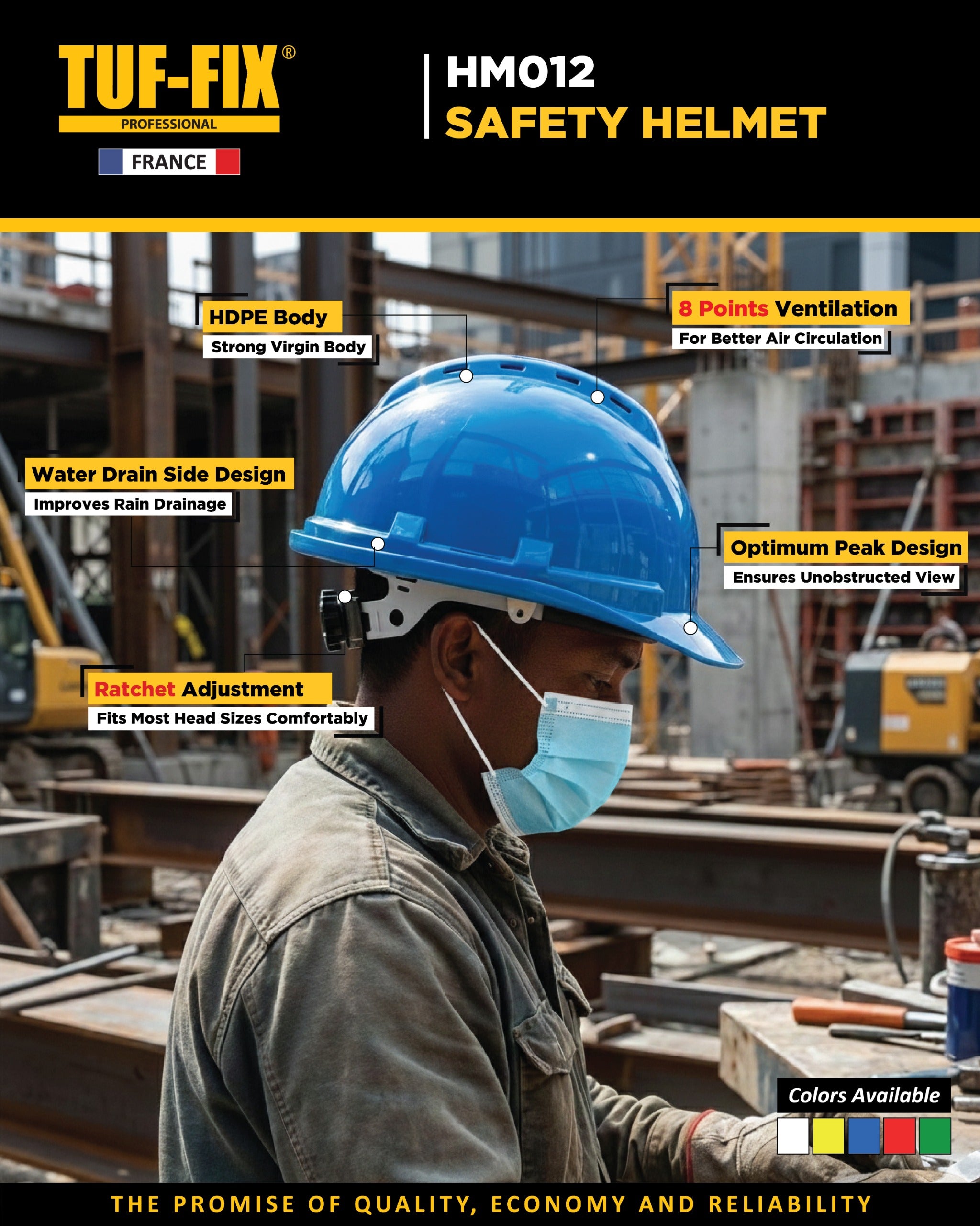 Blue safety helmet with features highlighted on a construction site background
