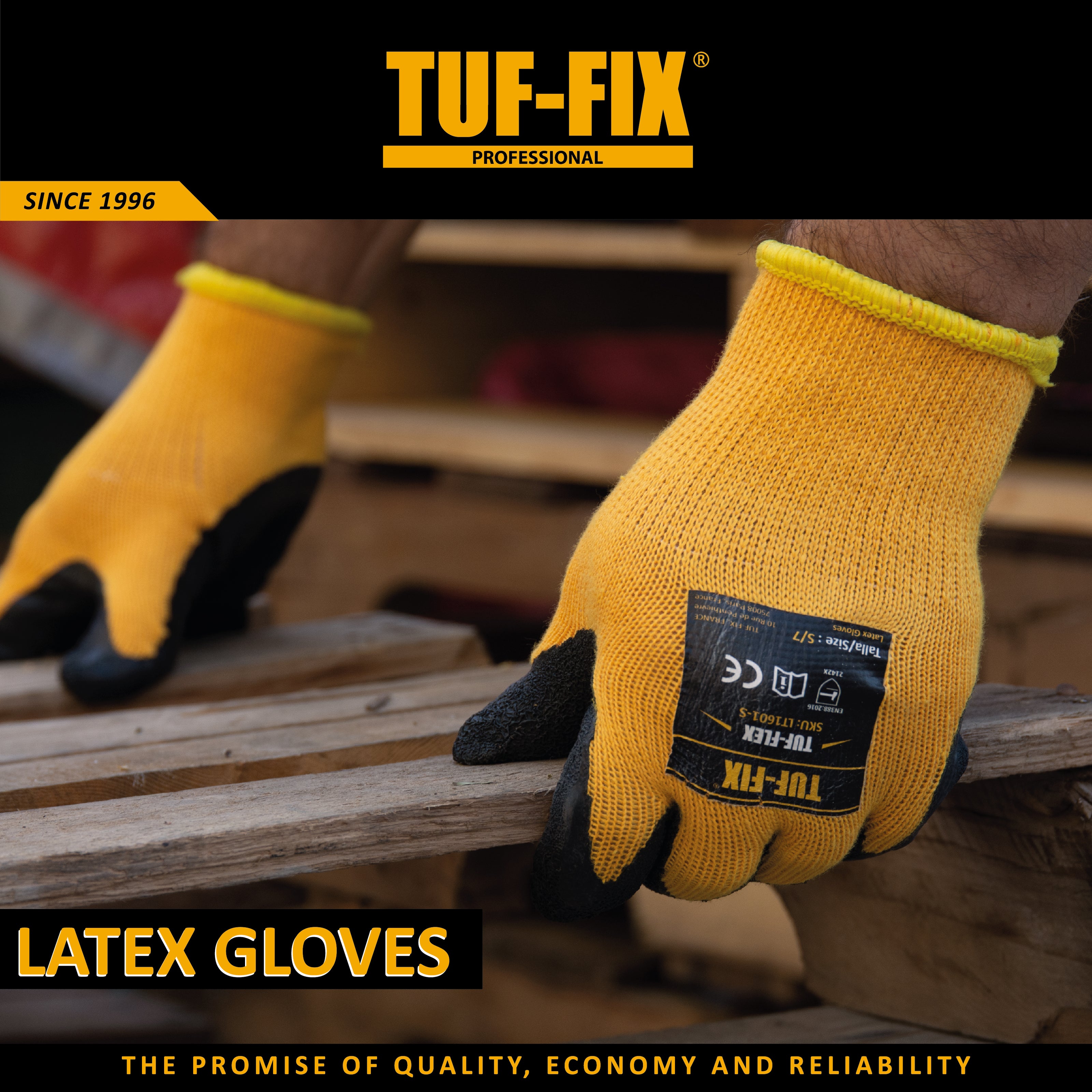 Yellow TUF-FIX latex gloves on a wooden surface with branding and product details.