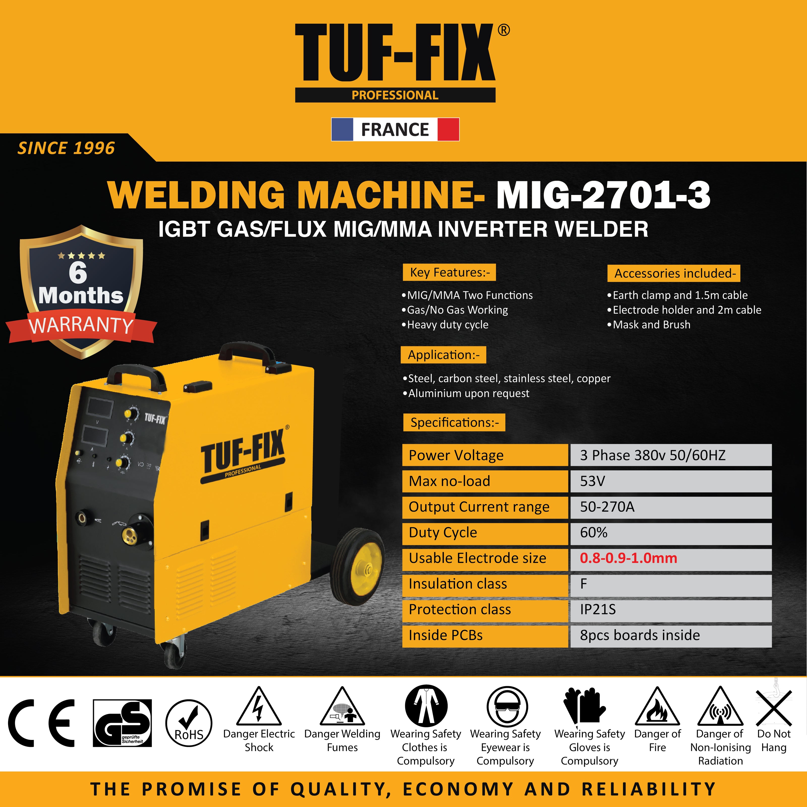 TUF-FIX welding machine with specifications and features on a dark background