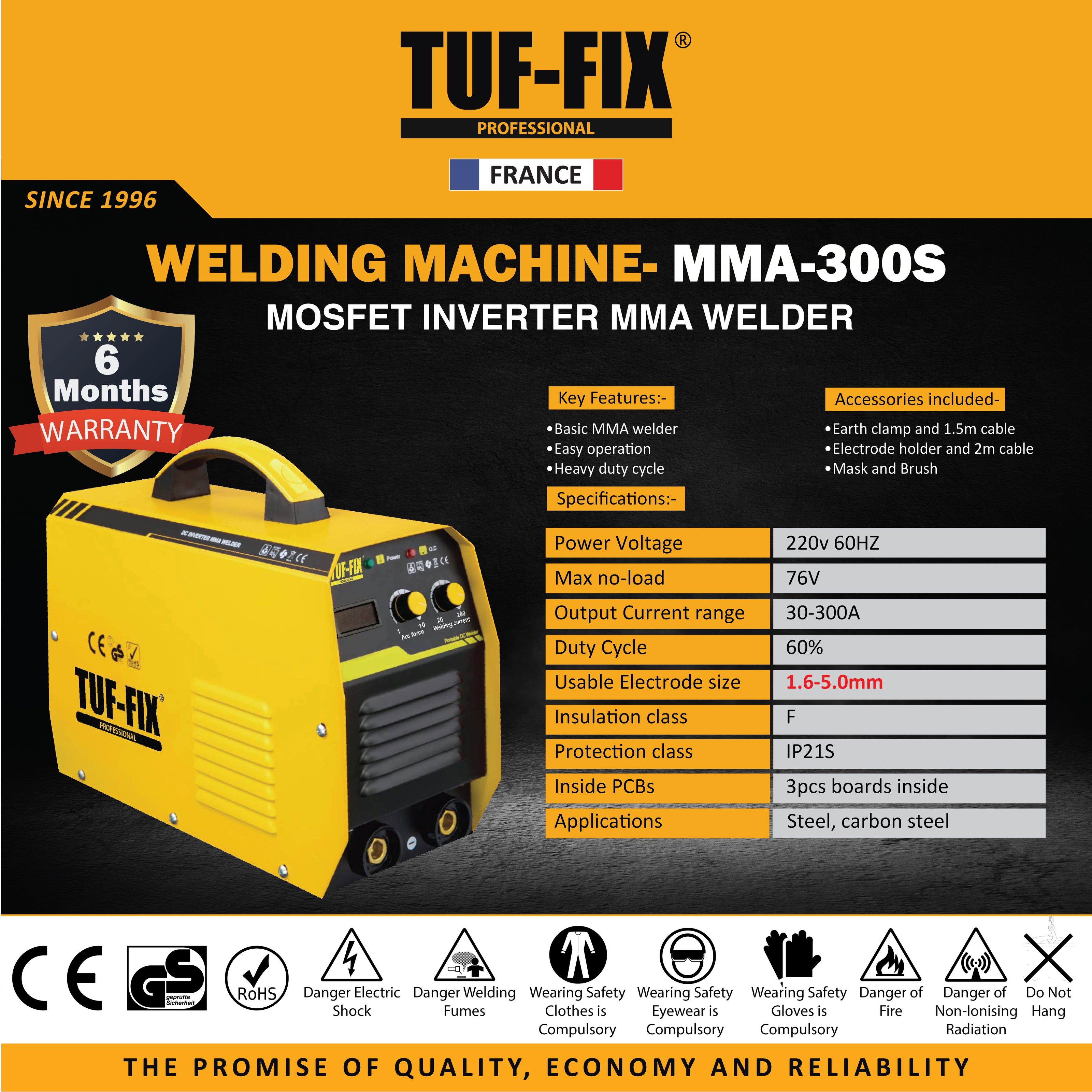 TUF-FIX MMA-300S welding machine packaging with specifications and warranty details.