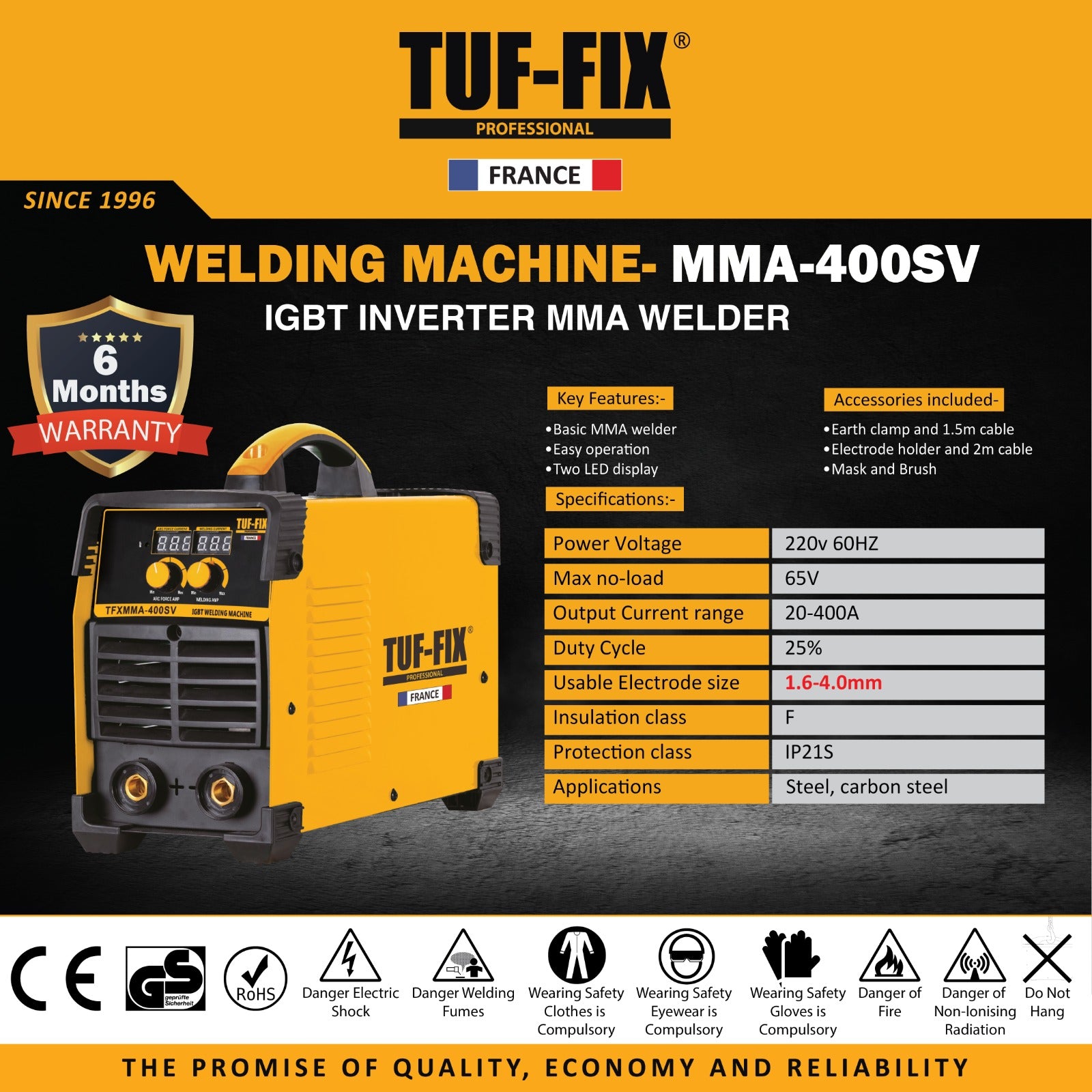 TUF-FIX MMA-400SV welding machine with specifications on a dark background