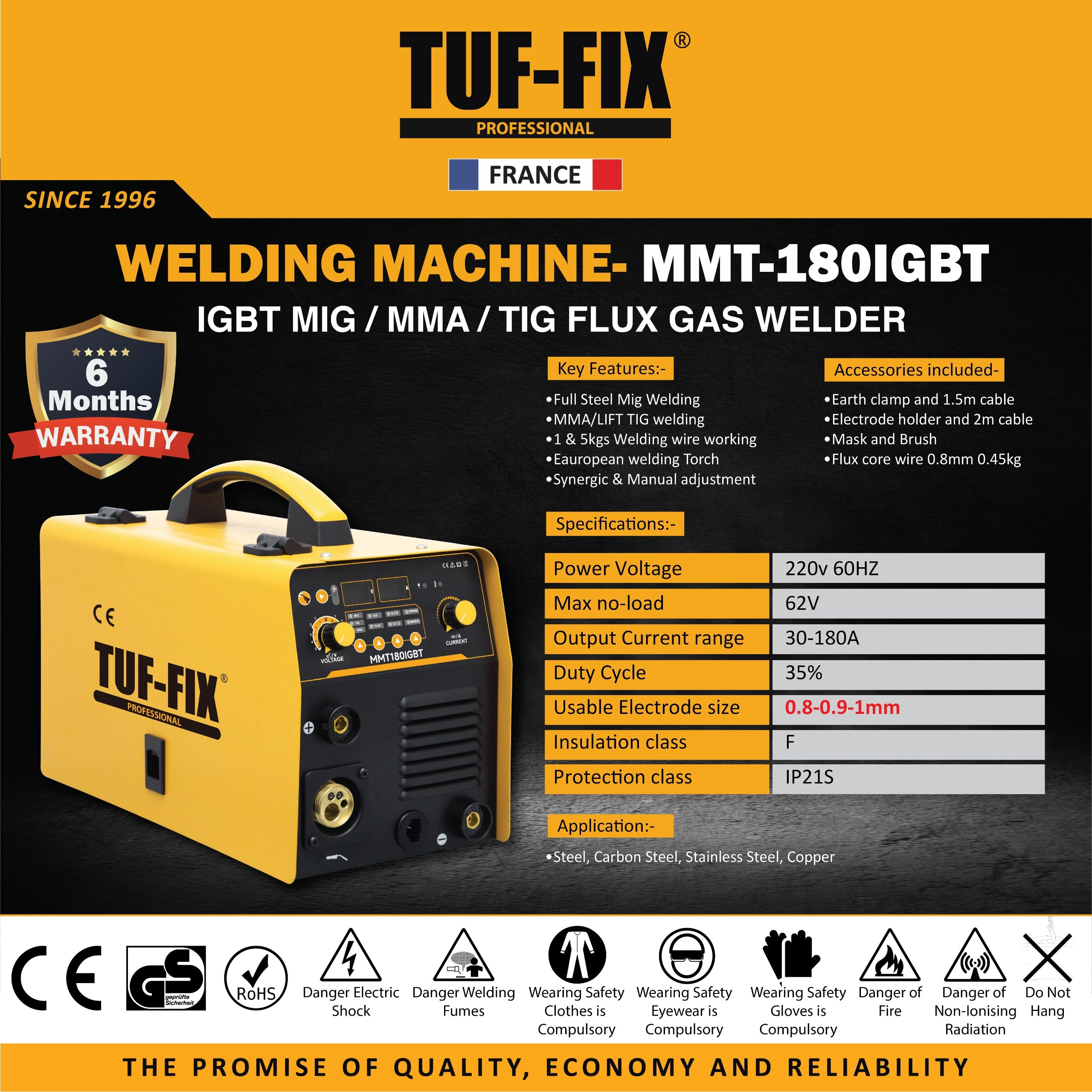 TUF-FIX welding machine MMT-180IGBT with specifications and features on a yellow and black background.