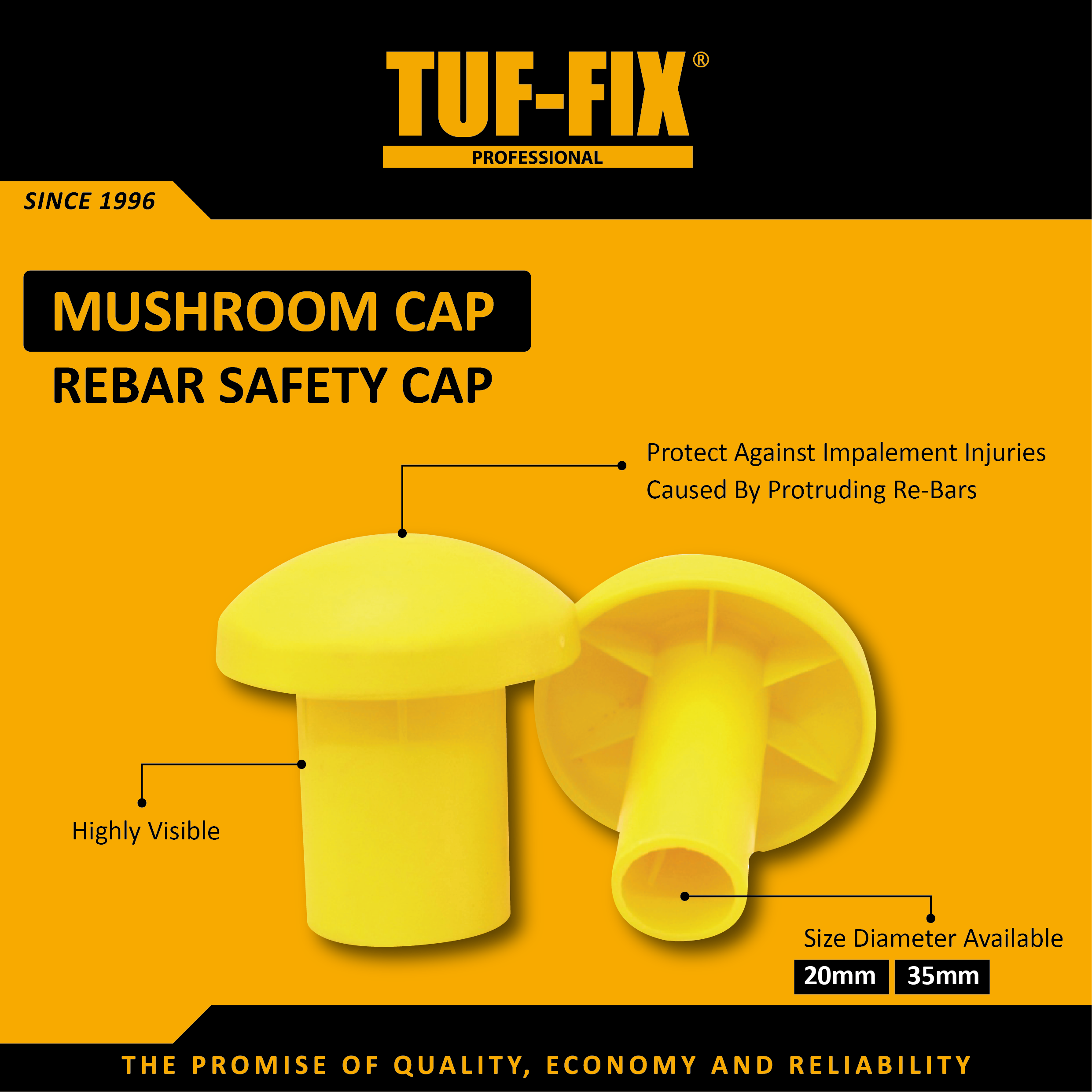 TUF-FIX mushroom cap rebar safety cap on a yellow background with text and branding.