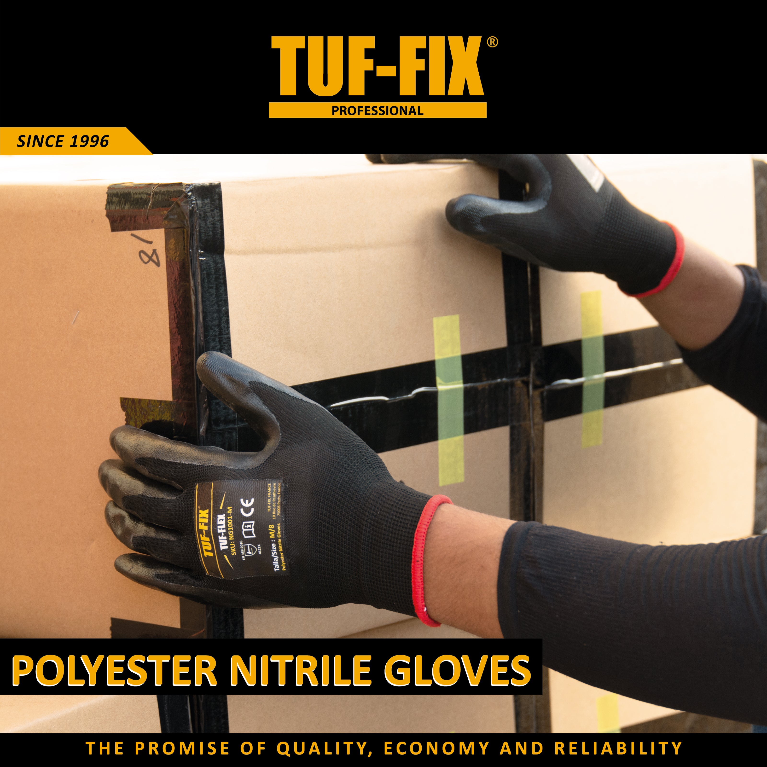 Person wearing TUF-FIX polyester nitrile gloves handling a box.