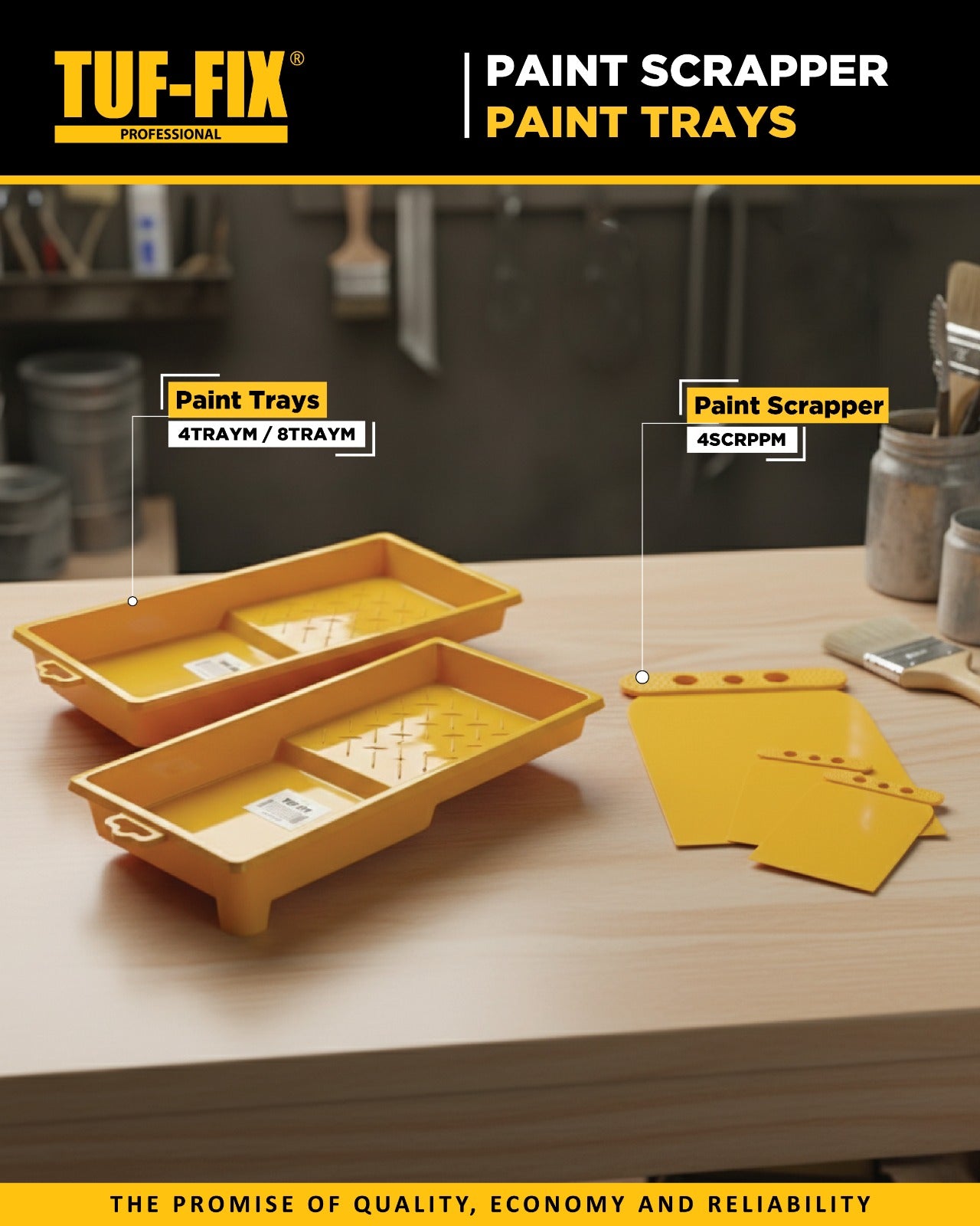 TUF-FIX paint scraper and paint trays on a workbench with a blurred workshop background.
