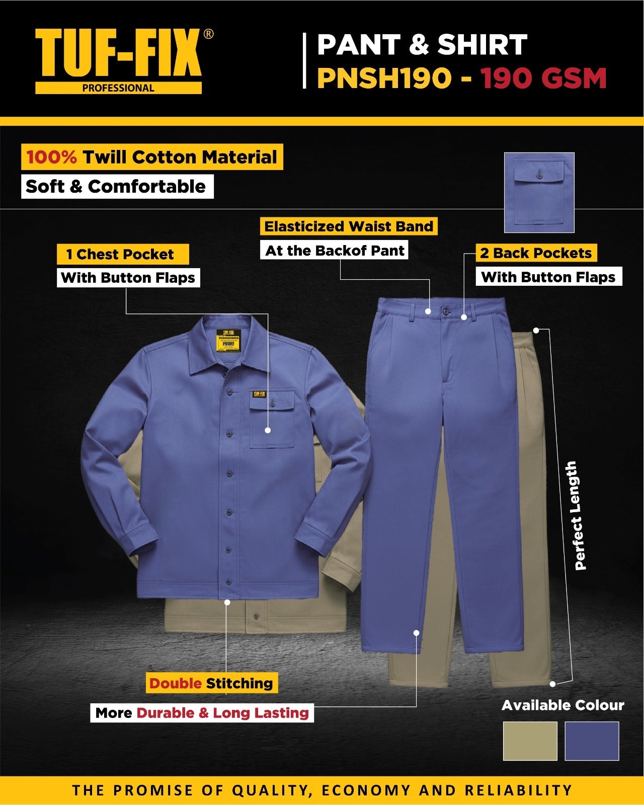 TUF-FIX pant and shirt set with features highlighted on a black background
