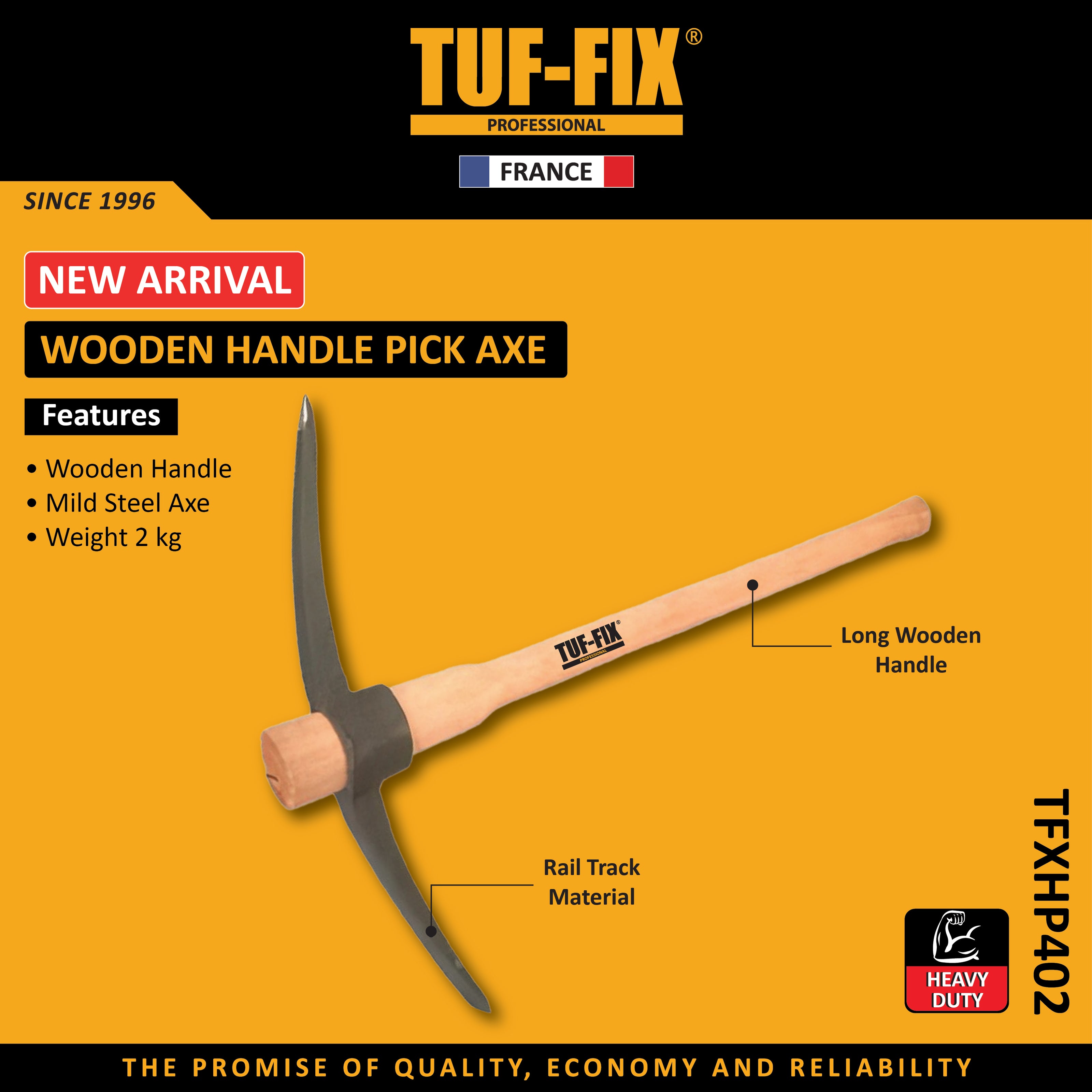 TUF-FIX wooden handle pick axe on a yellow background with product details.