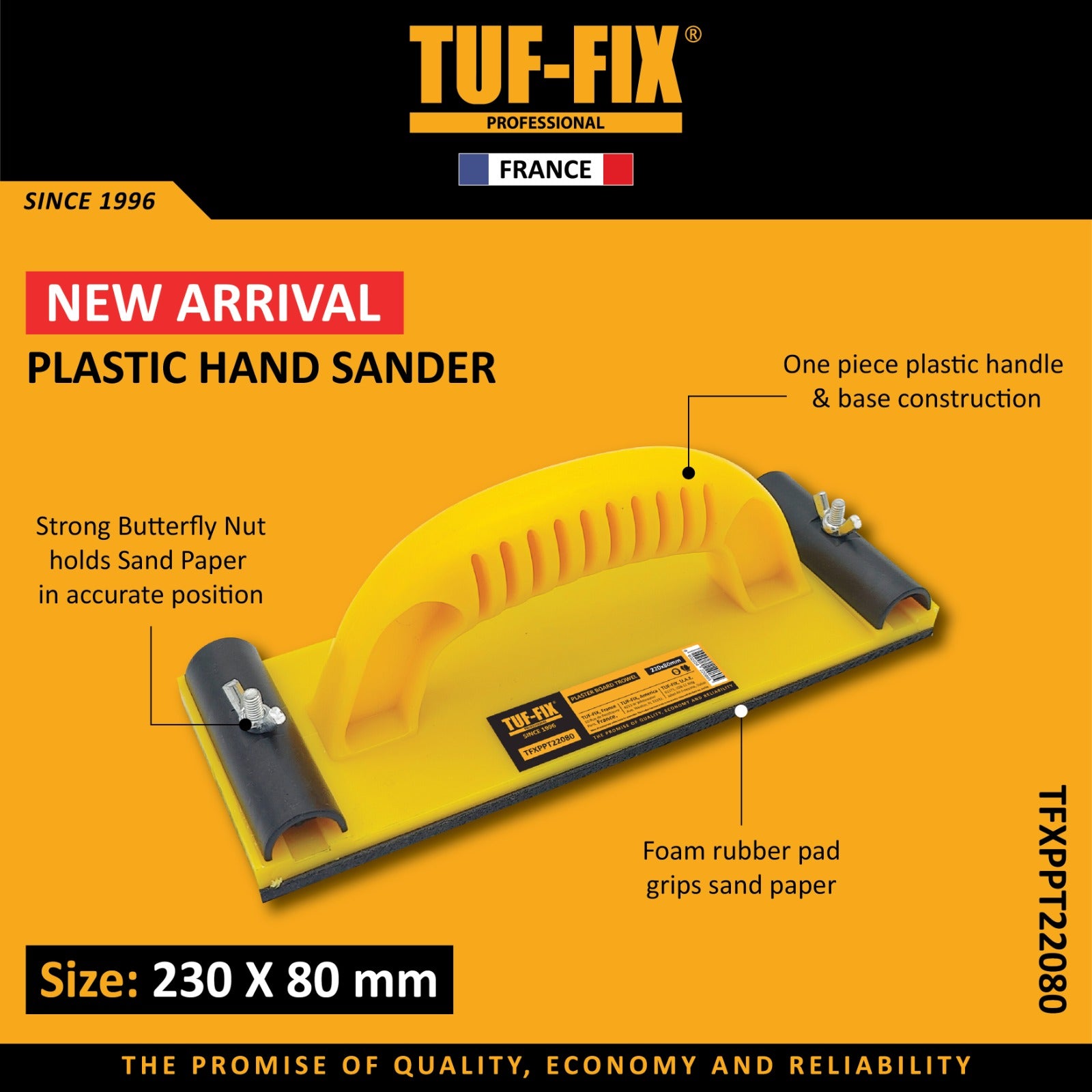 TUF-FIX plastic hand sander on a yellow background with product features highlighted.