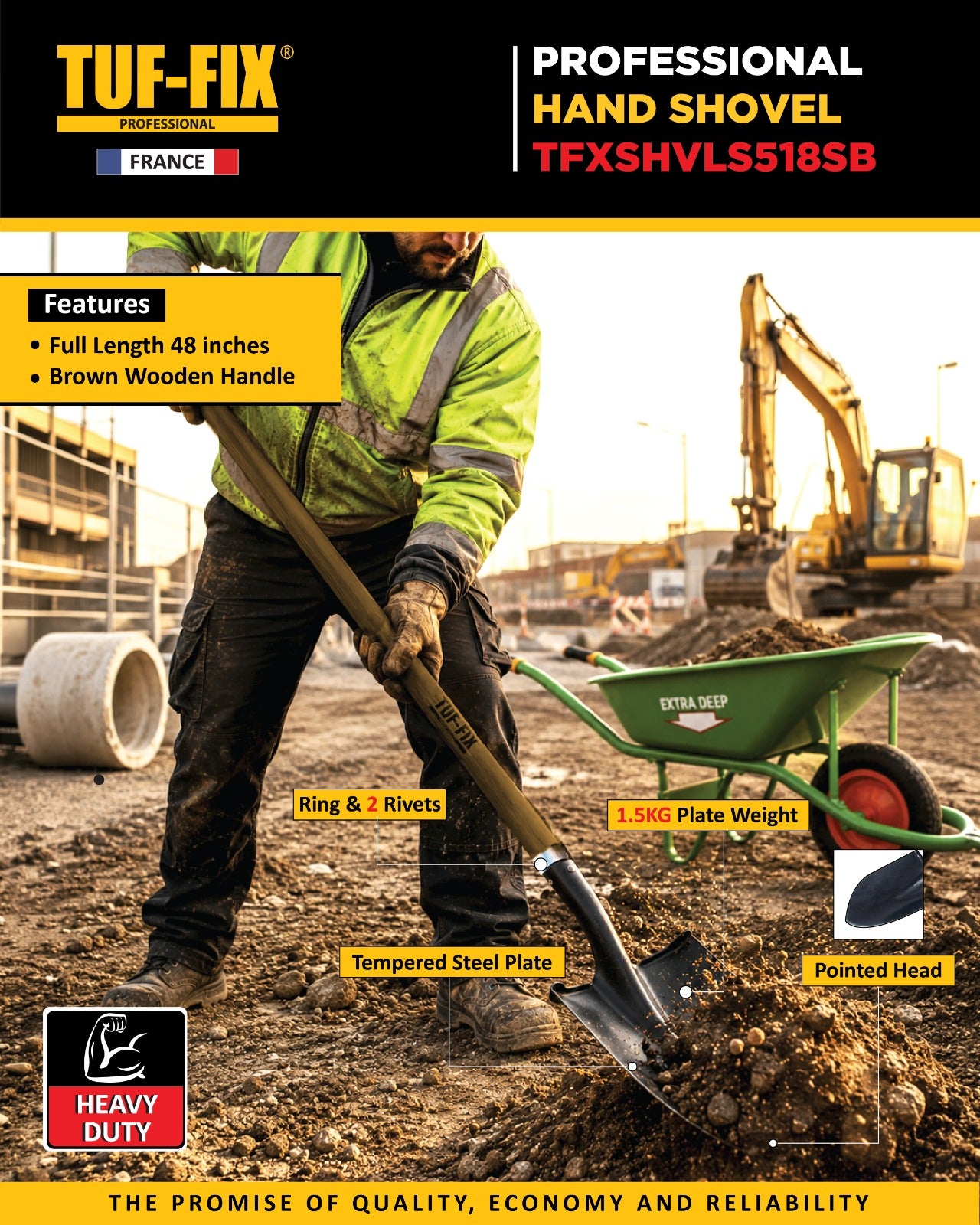 TUF-FIX professional hand shovel with construction worker and equipment in the background