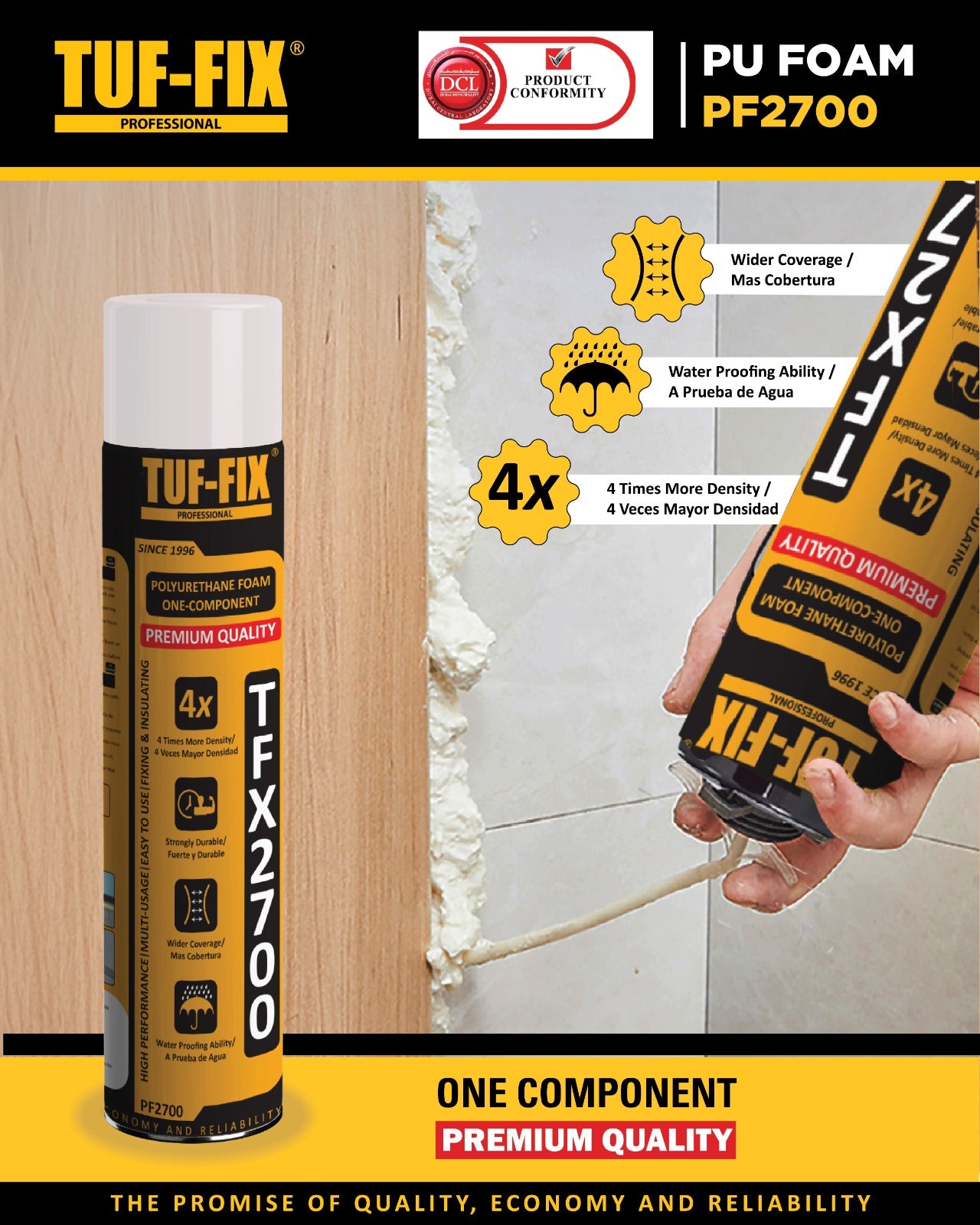 TUF-FIX PU Foam PF2700 can with application on wall and text highlighting features.