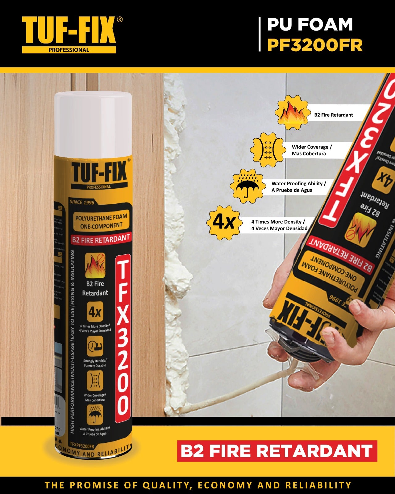 TUF-FIX PU foam can with packaging and application on a wall.