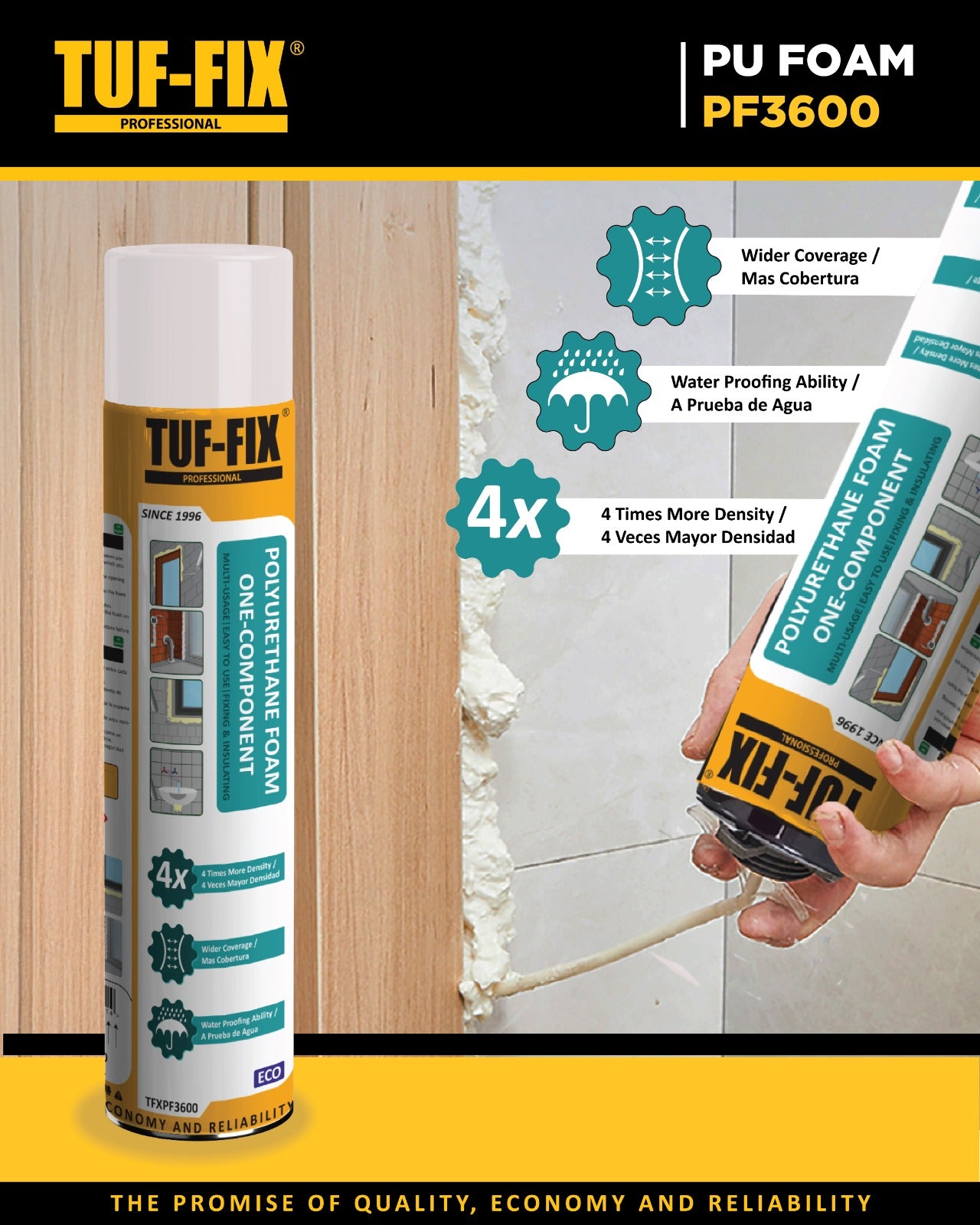 TUF-FIX PU Foam PF3600 can with application demonstration on a wall.