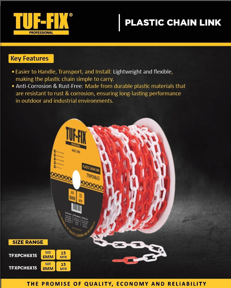 TUF-FIX plastic chain link packaging with key features highlighted on a dark background