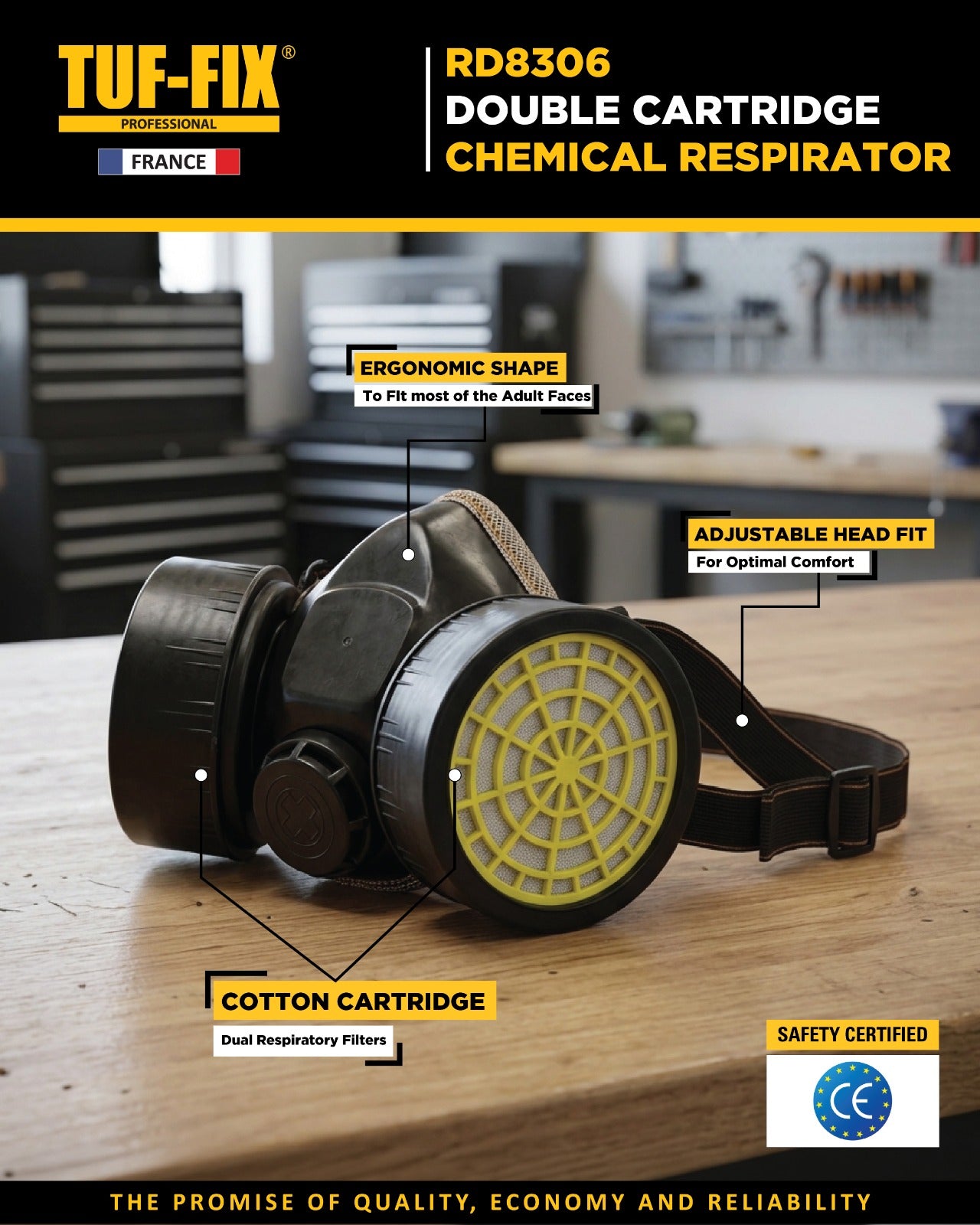 TUF-FIX double cartridge chemical respirator on a wooden surface with features highlighted.