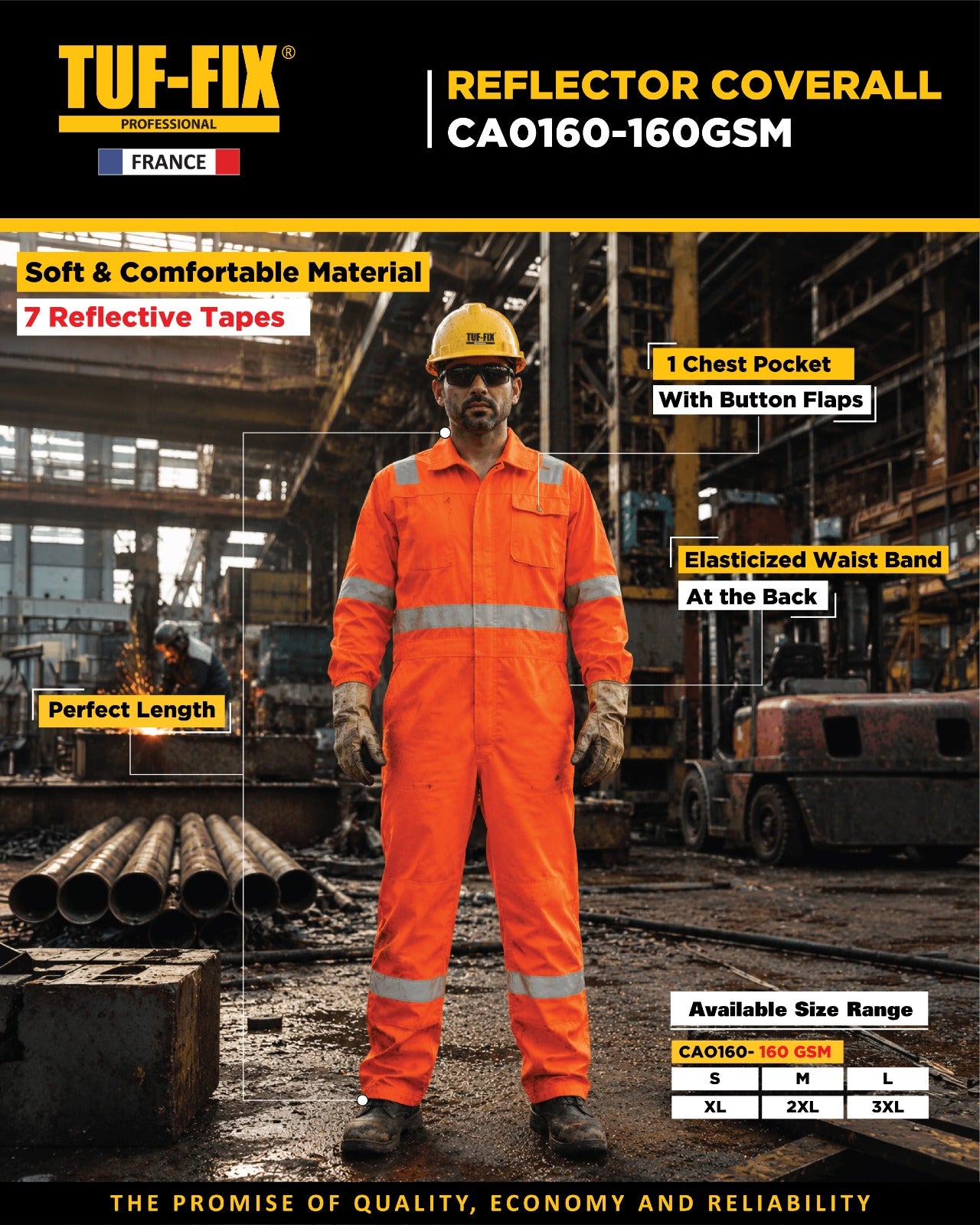 Person wearing a TUF-FIX reflector coverall in an industrial setting with product features highlighted.