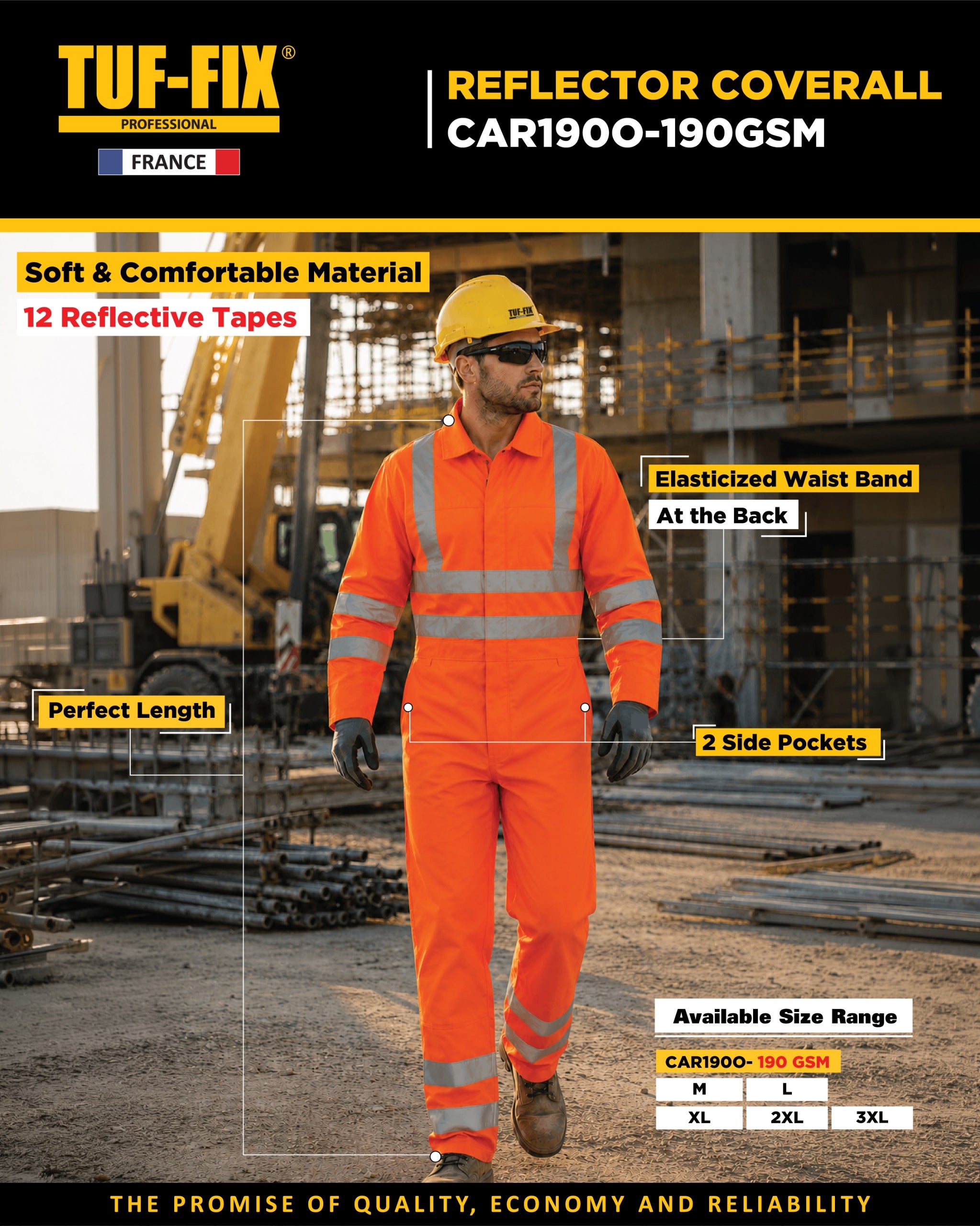 Orange reflector coverall with construction worker on a building site, featuring TUF-FIX branding.