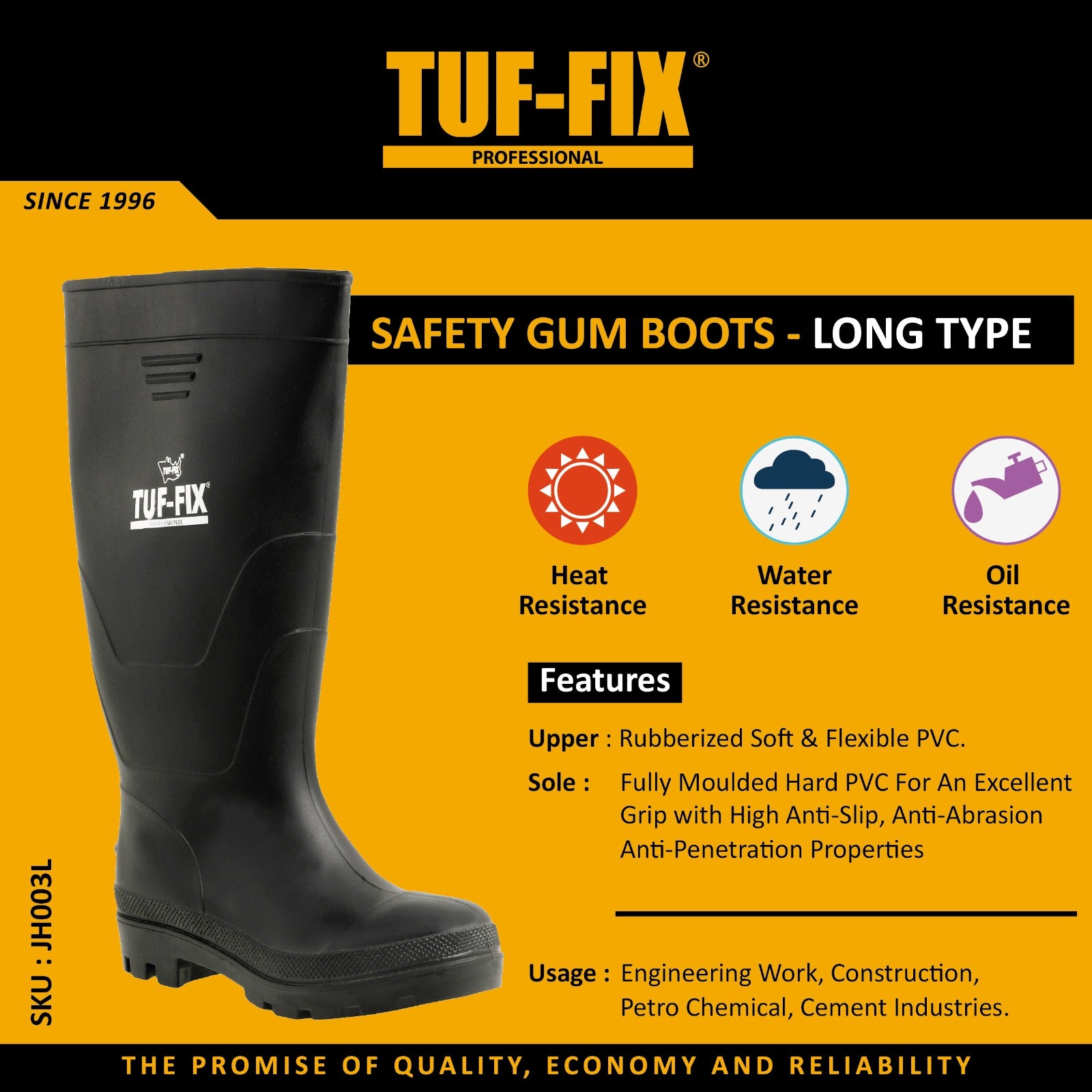 TUF-FIX safety gum boot on a yellow background with features highlighted.
