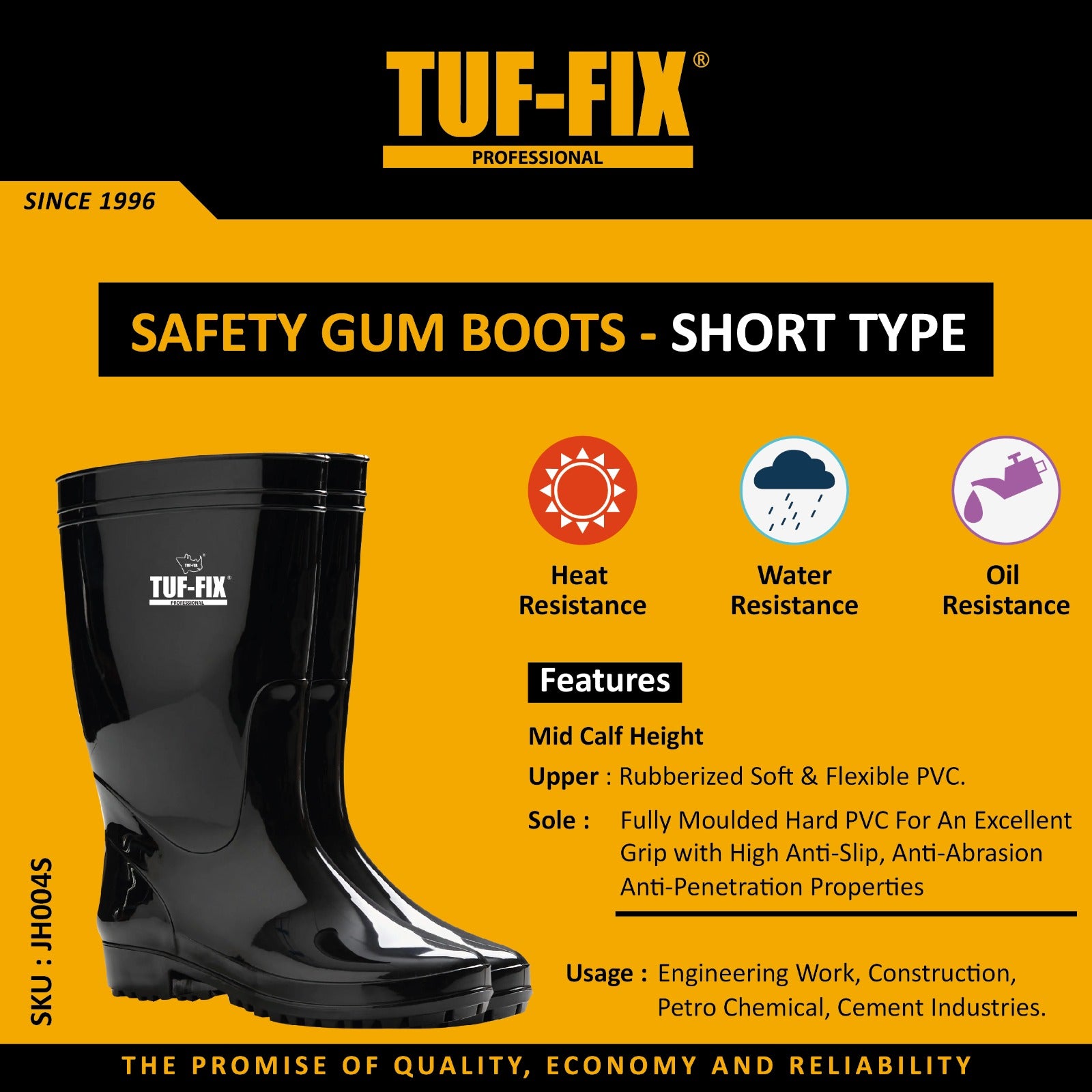 TUF-FIX safety gum boot with features and usage details on a yellow background