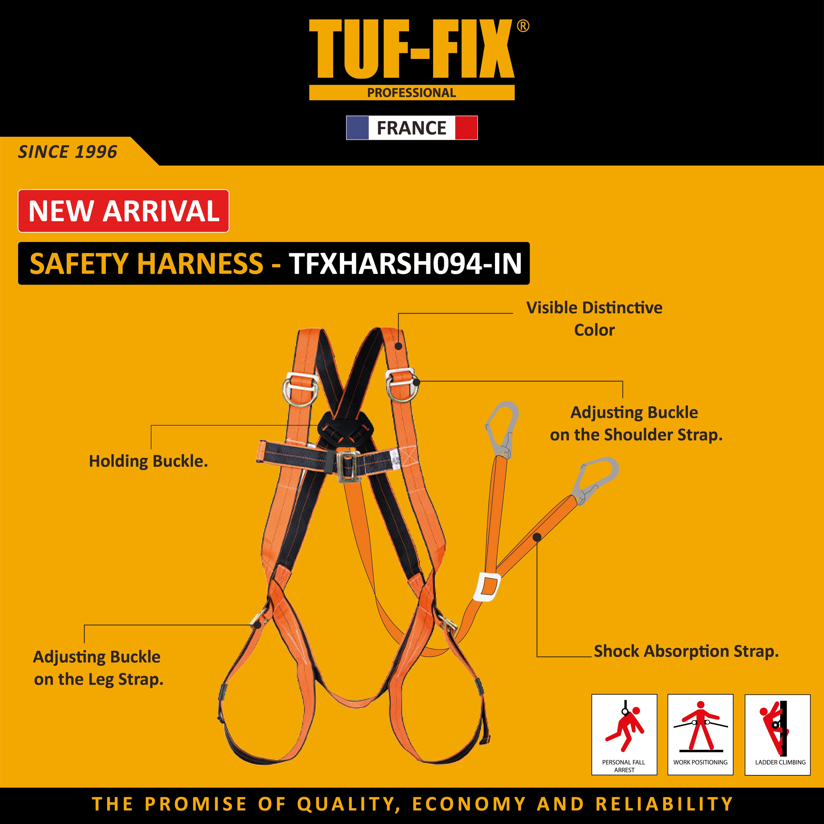 TUF-FIX safety harness with features highlighted on a yellow background