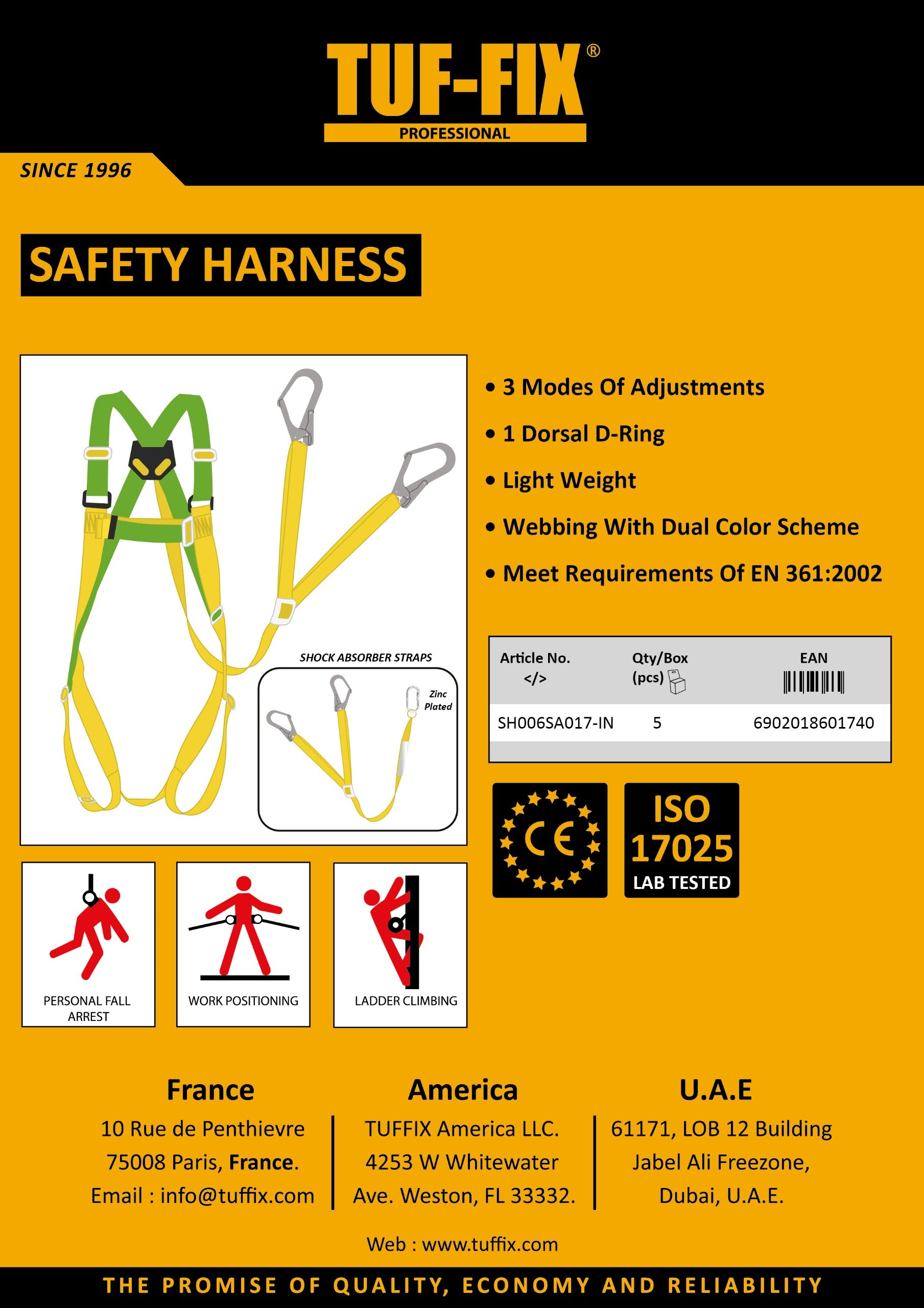 TUF-FIX safety harness packaging with product details on a yellow background