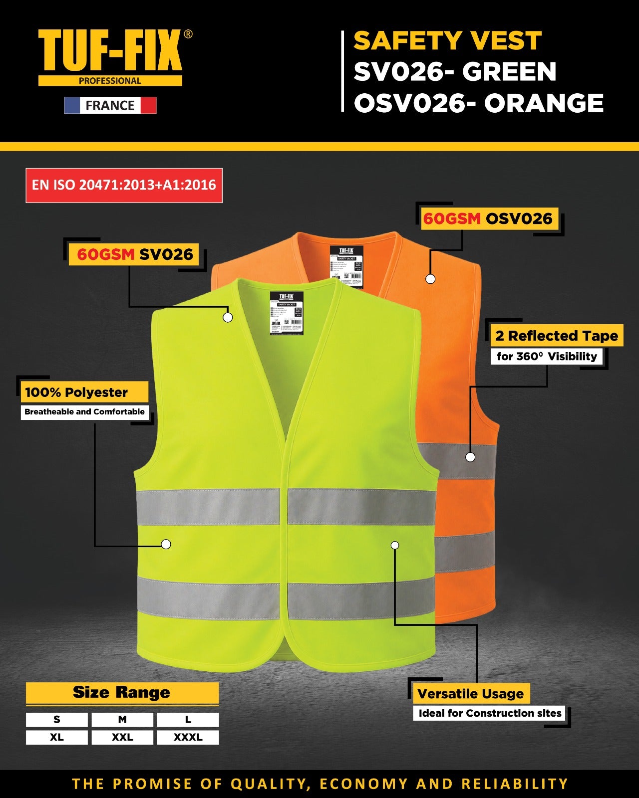 Safety vests in green and orange with features highlighted on a dark background, branded as TUF-FIX.