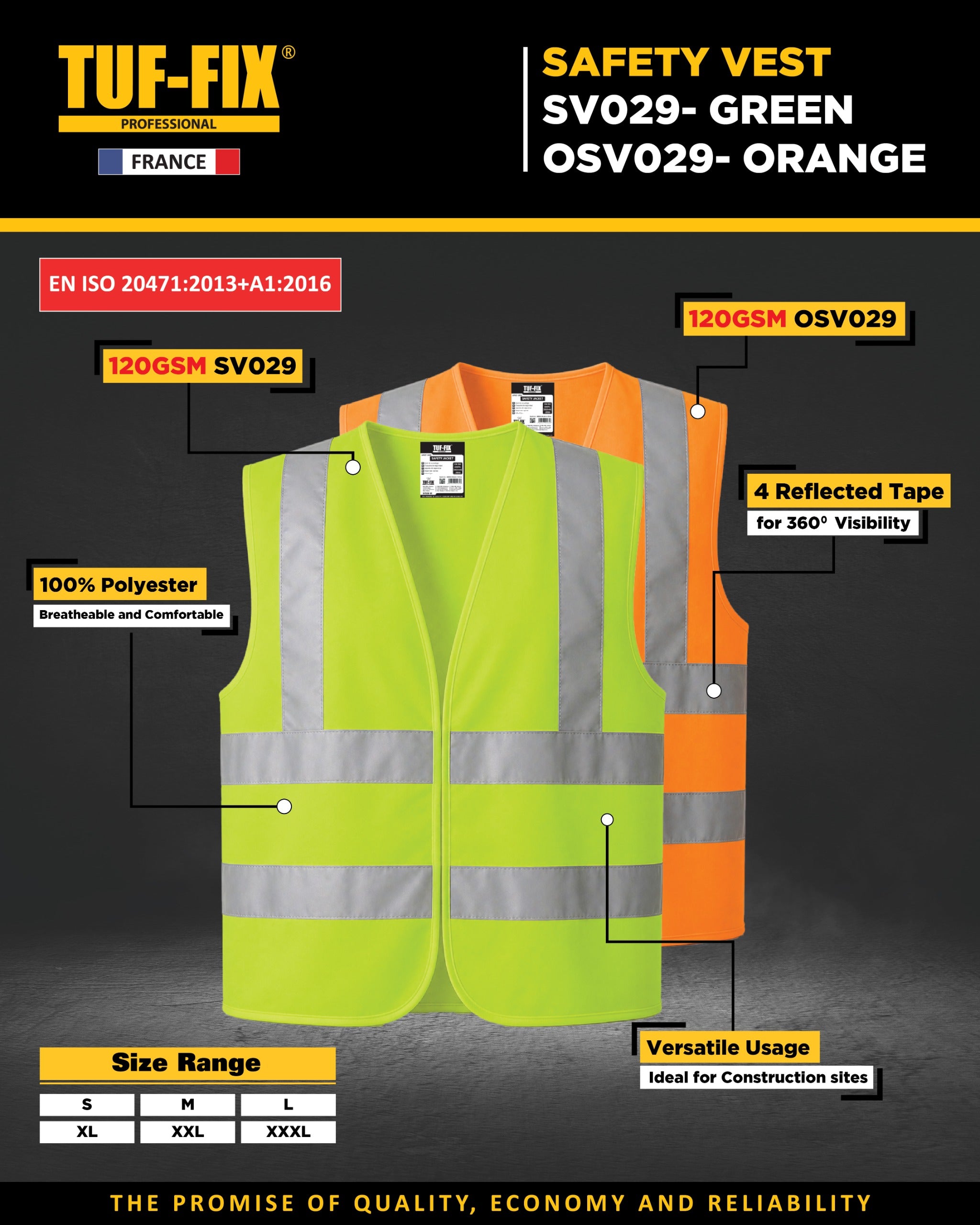 Safety vests in green and orange with features highlighted on a black background, branded as TUF-FIX.