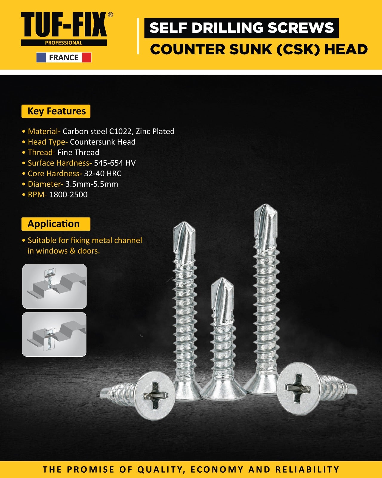 TUF-FIX self-drilling screws with key features and application details on a dark background.